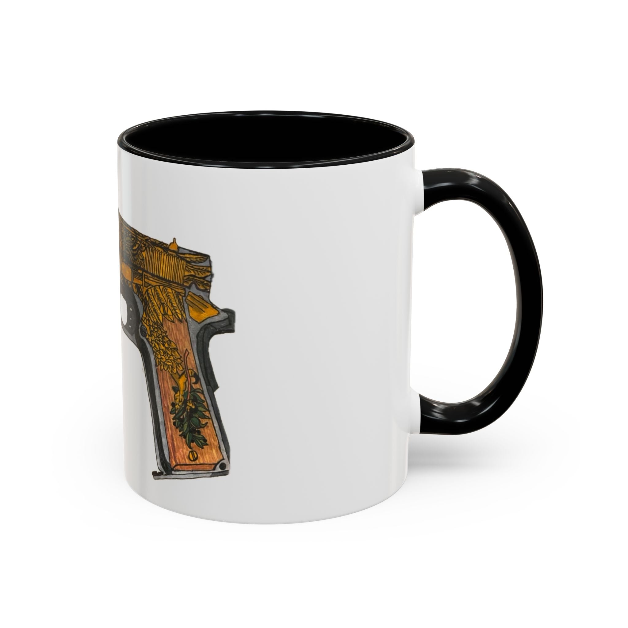 Gold Ornate Pistol Accent Coffee Mug — Decorative Handgun Design (11/15 oz)
