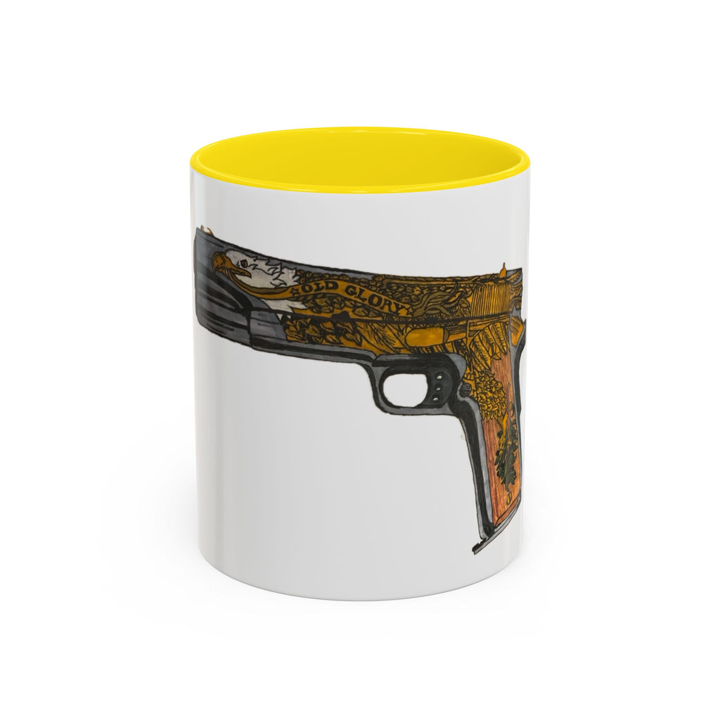 Gold Ornate Pistol Accent Coffee Mug — Decorative Handgun Design (11/15 oz)