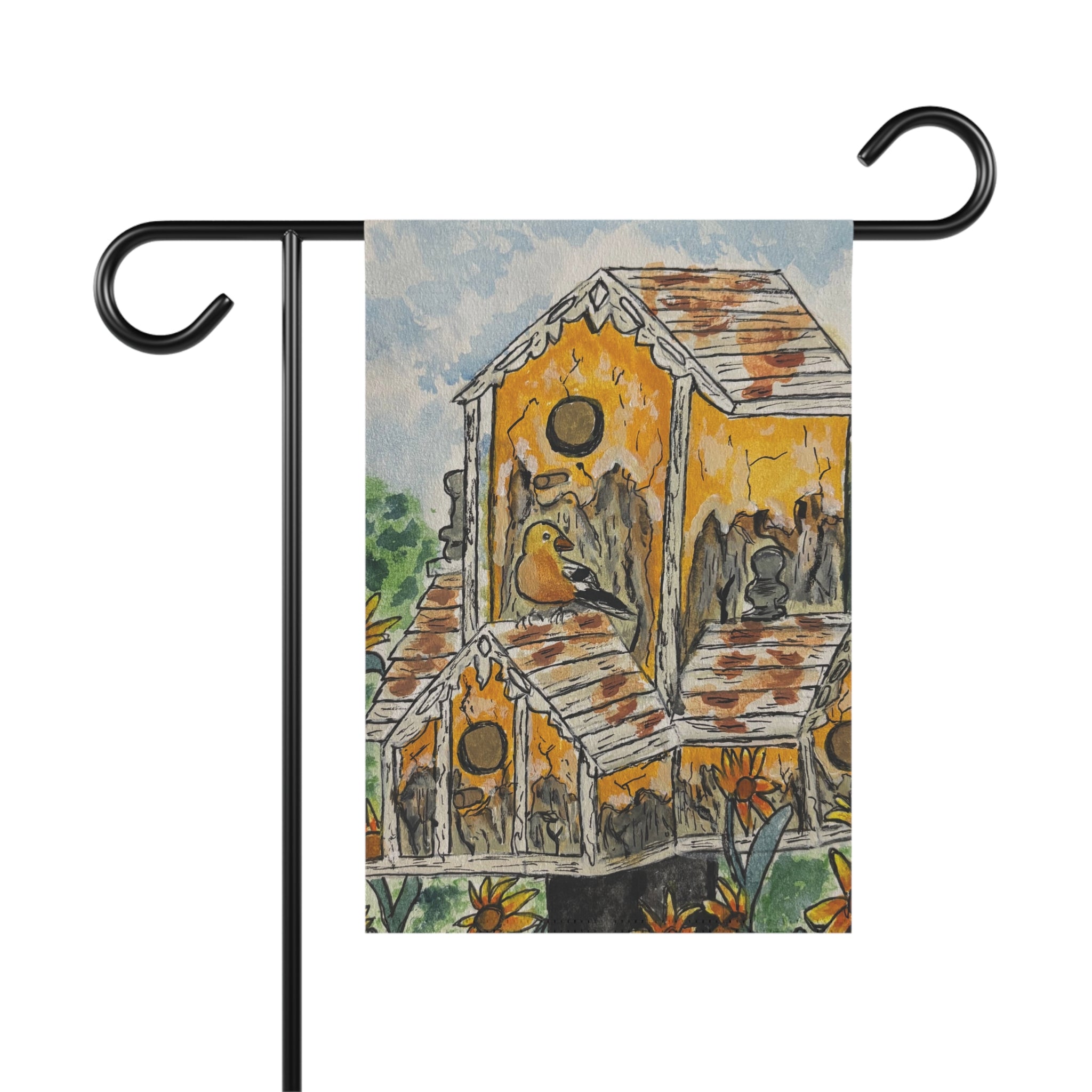 Birdhouse Garden Flag — Rustic Yellow Birdhouse Decorative Garden Banner
