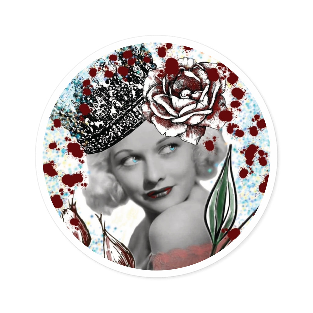 Vintage Glam Round Sticker — Retro Hollywood Actress with Crown & Roses (Indoor/Outdoor)