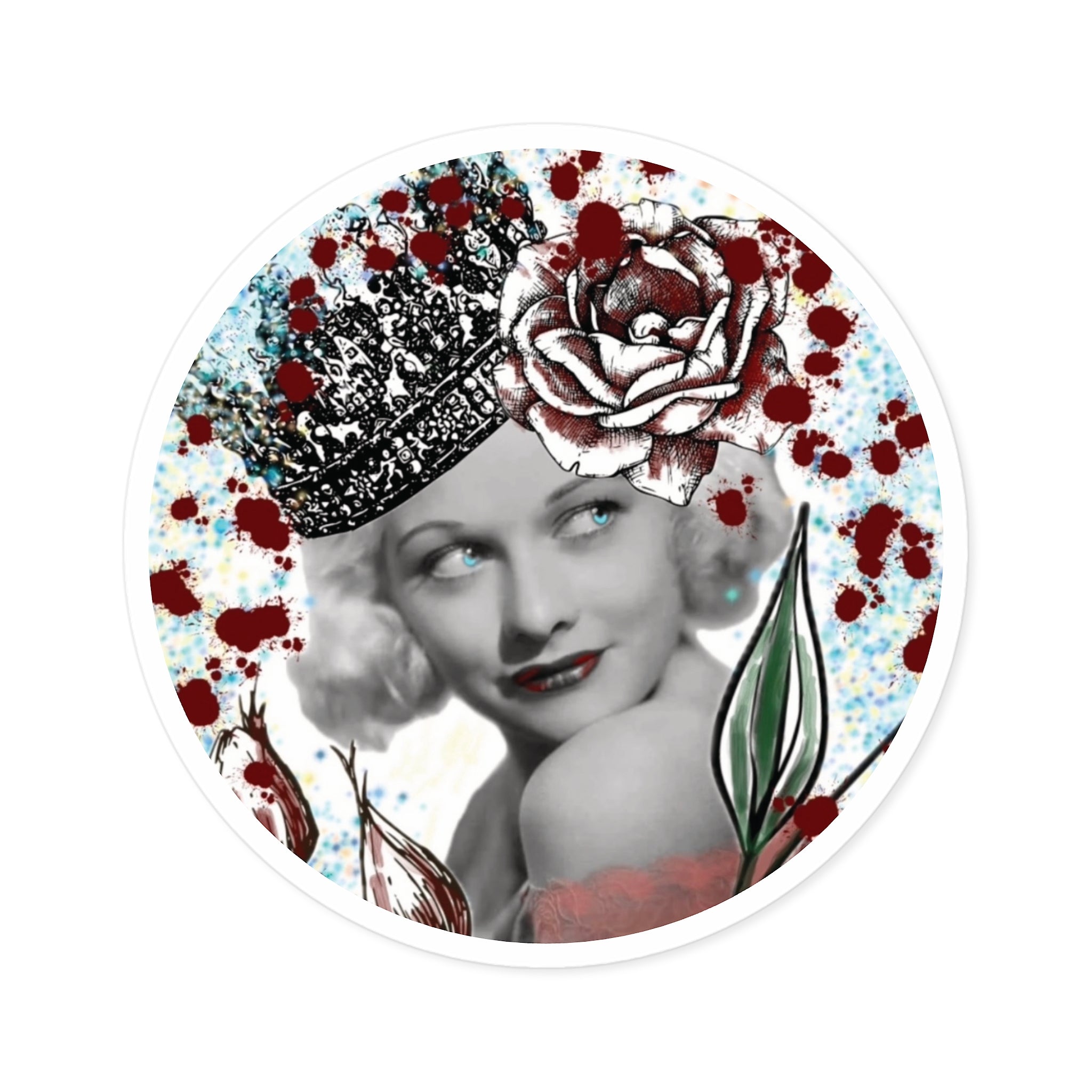 Vintage Glam Round Sticker — Retro Hollywood Actress with Crown & Roses (Indoor/Outdoor)