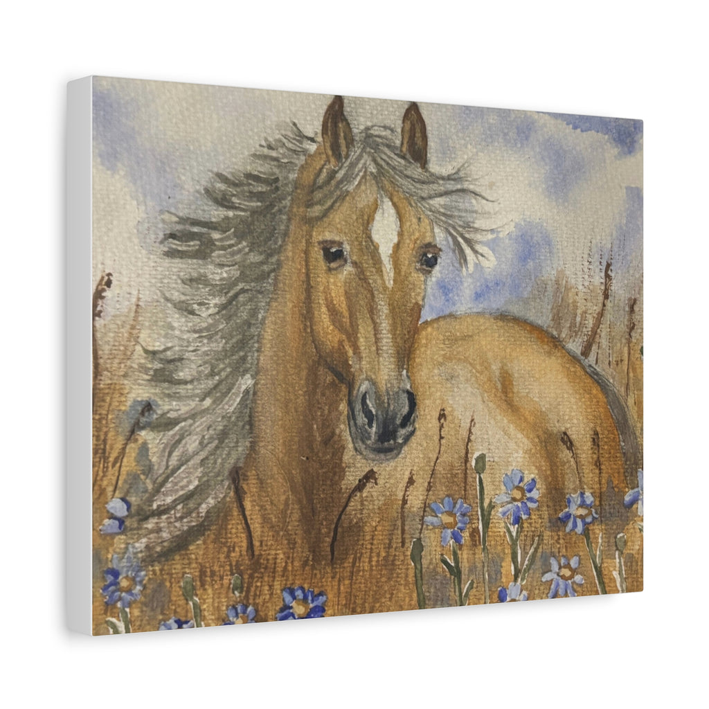 Golden Horse Canvas Print – Watercolor Mustang in Wildflower Meadow (Stretched Matte Canvas)