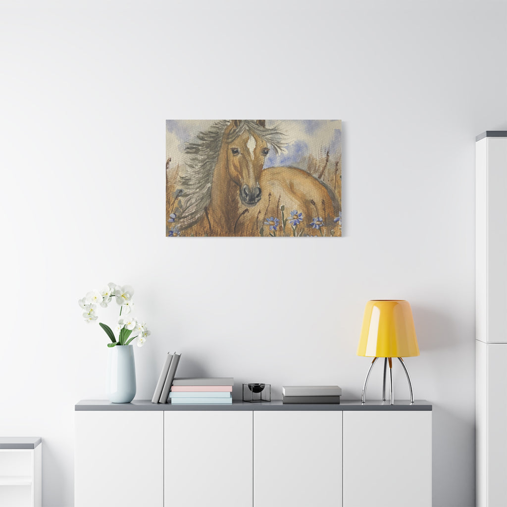 Golden Horse Canvas Print – Watercolor Mustang in Wildflower Meadow (Stretched Matte Canvas)