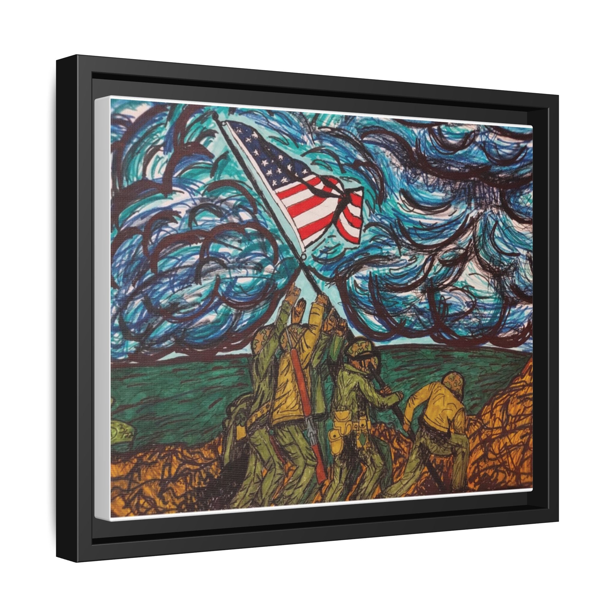 Framed Matte Canvas - Iwo Jima Flag Raising Art Print