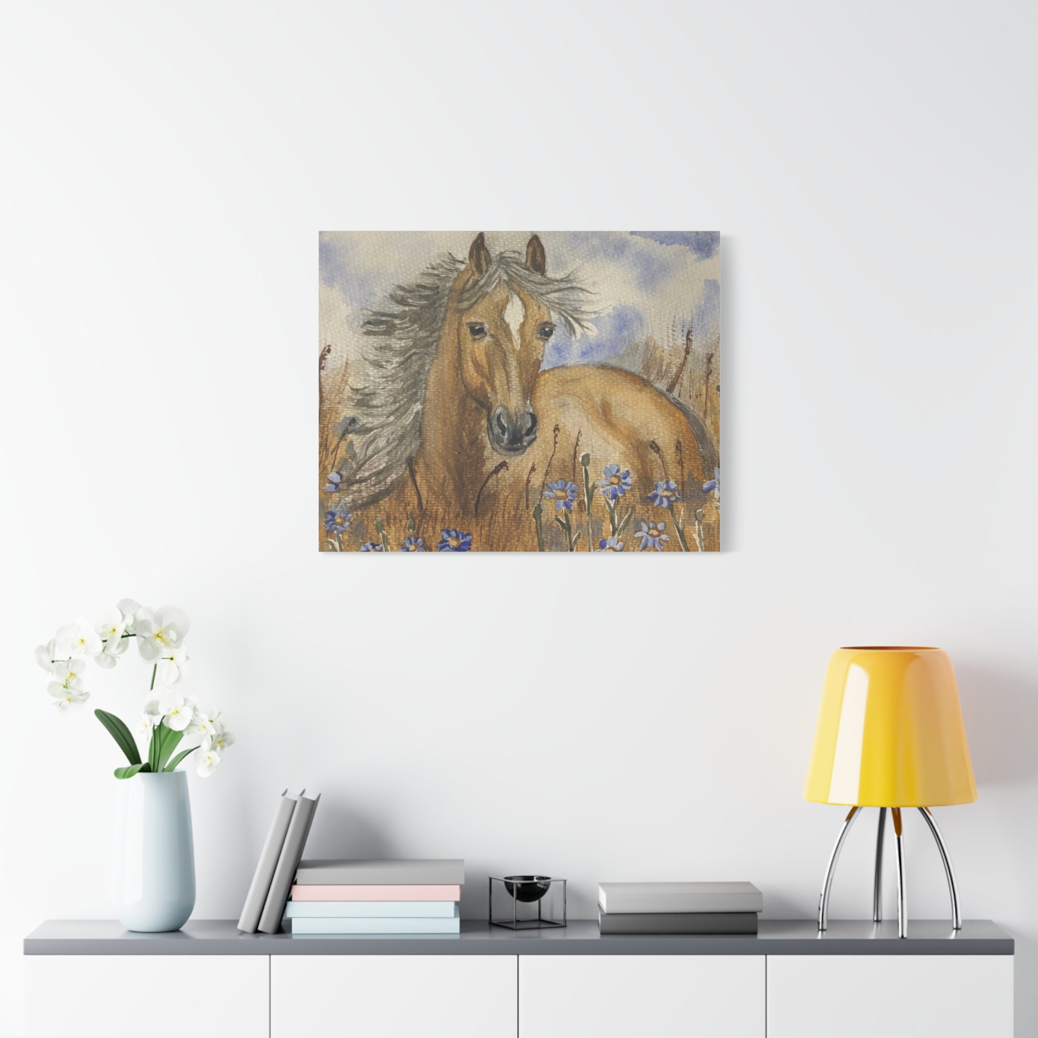 Golden Horse Canvas Print – Watercolor Mustang in Wildflower Meadow (Stretched Matte Canvas)