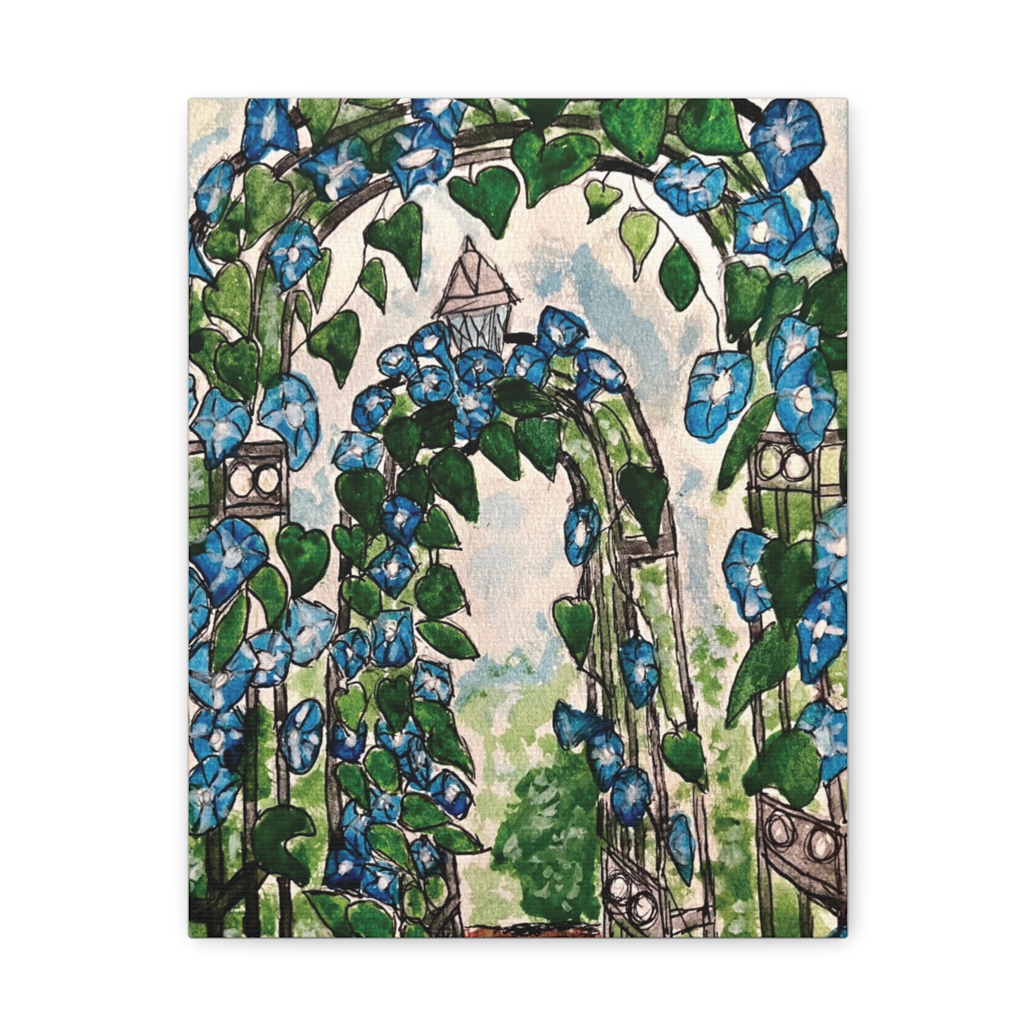 Blue Morning Glory Garden Canvas Art - Matte Stretched Wall Decor