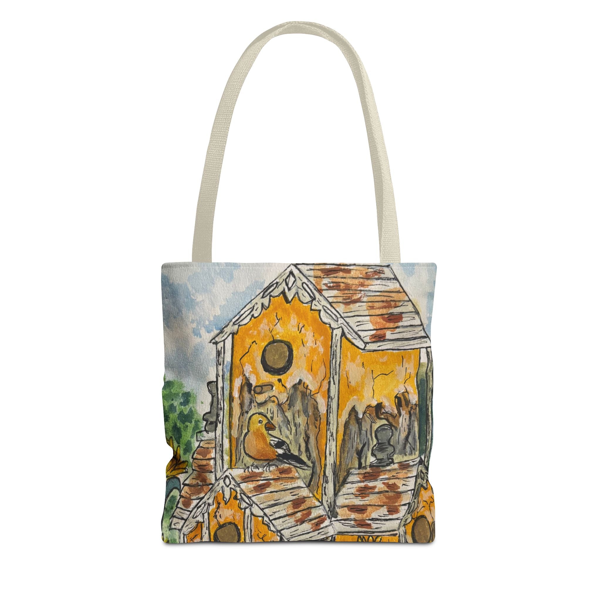 Birdhouse Watercolor Tote Bag — Hand-Painted Cottagecore Garden Bag