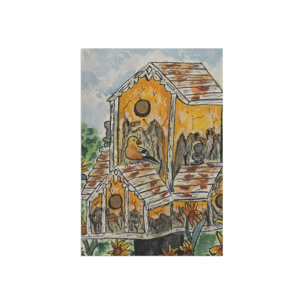 Birdhouse Garden Flag — Rustic Yellow Birdhouse Decorative Garden Banner