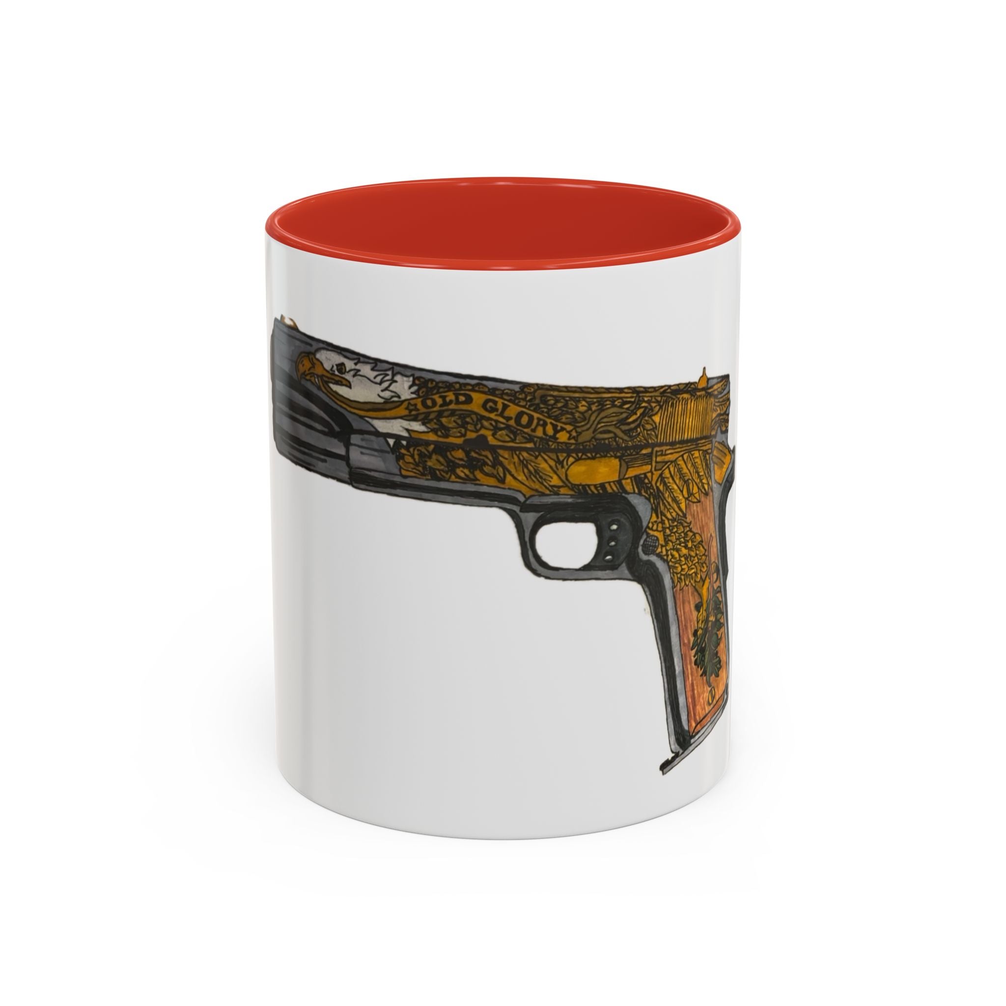 Gold Ornate Pistol Accent Coffee Mug — Decorative Handgun Design (11/15 oz)