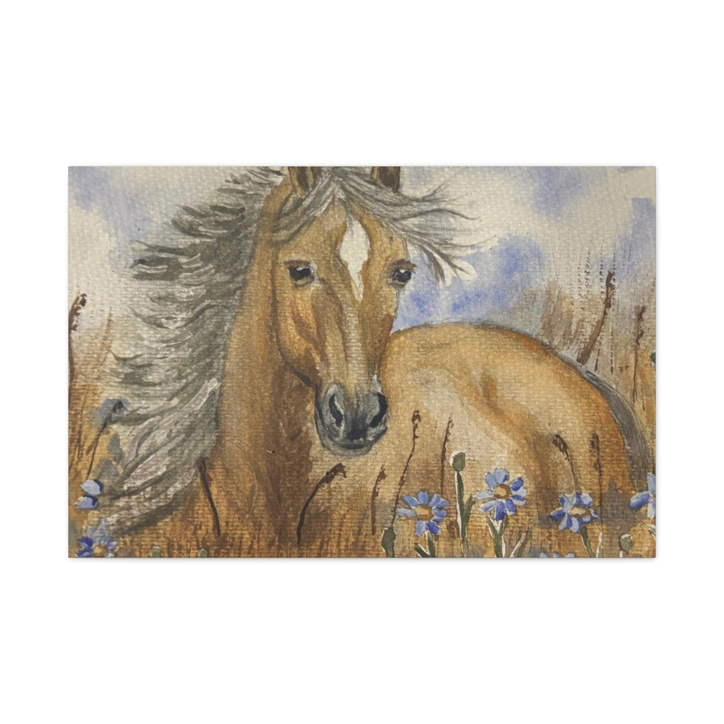 Golden Horse Canvas Print – Watercolor Mustang in Wildflower Meadow (Stretched Matte Canvas)