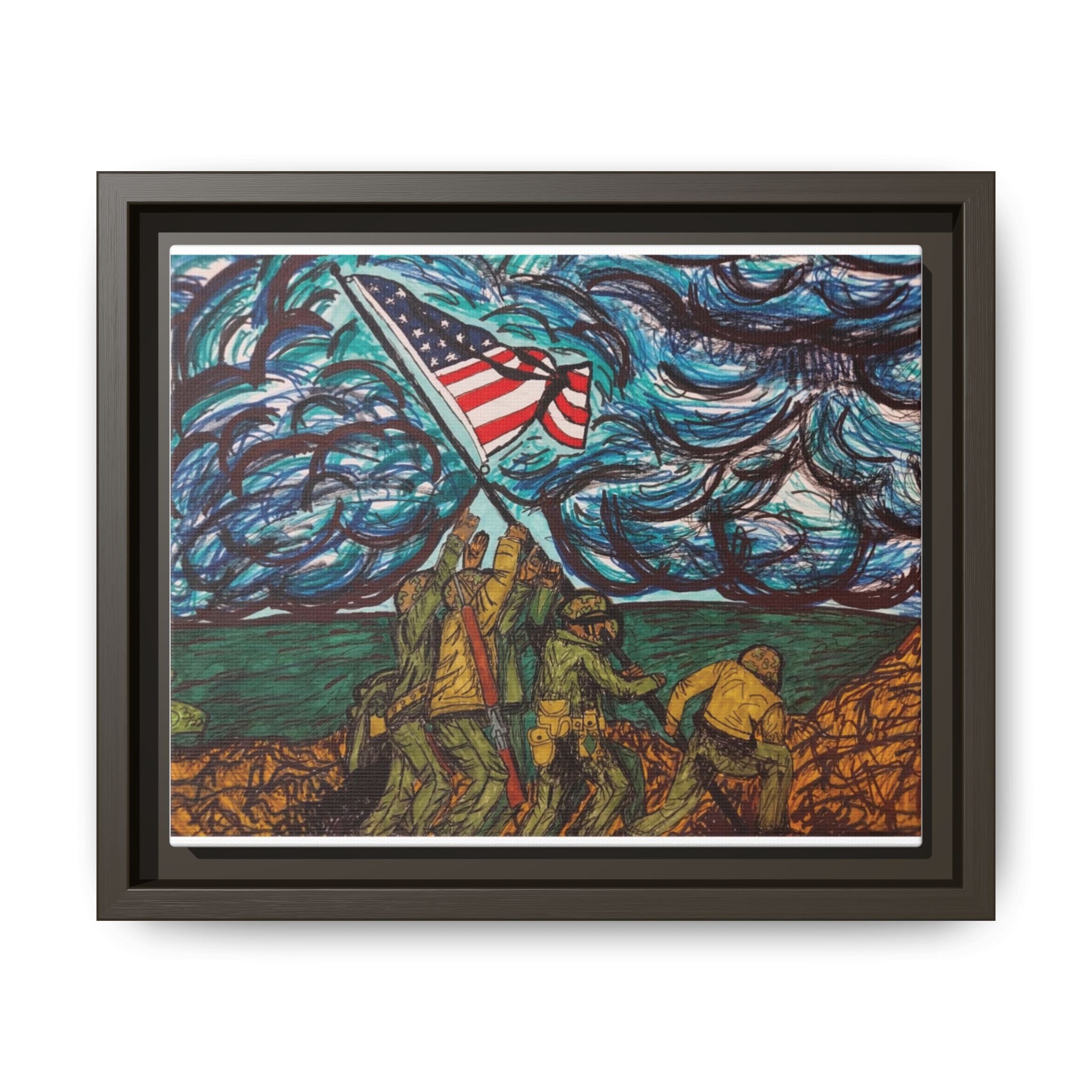 Framed Matte Canvas - Iwo Jima Flag Raising Art Print