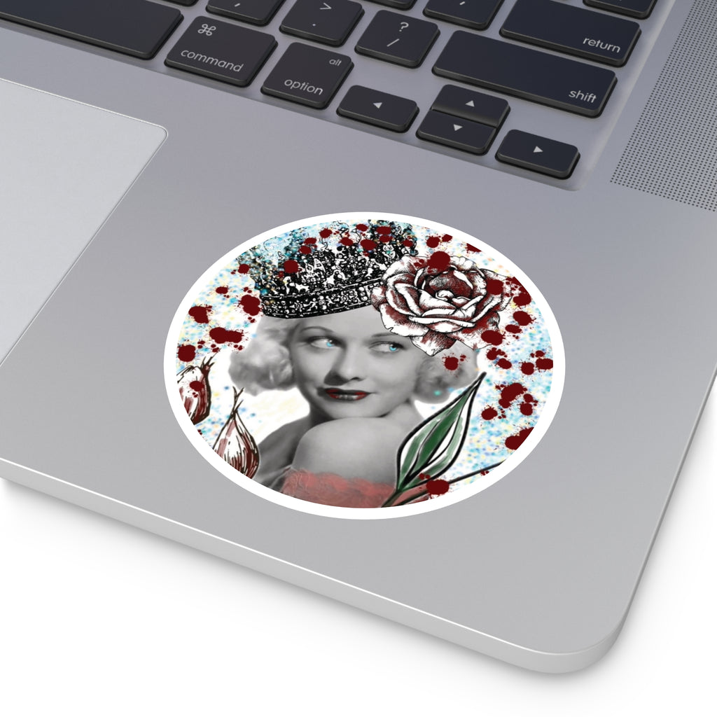 Vintage Glam Round Sticker — Retro Hollywood Actress with Crown & Roses (Indoor/Outdoor)