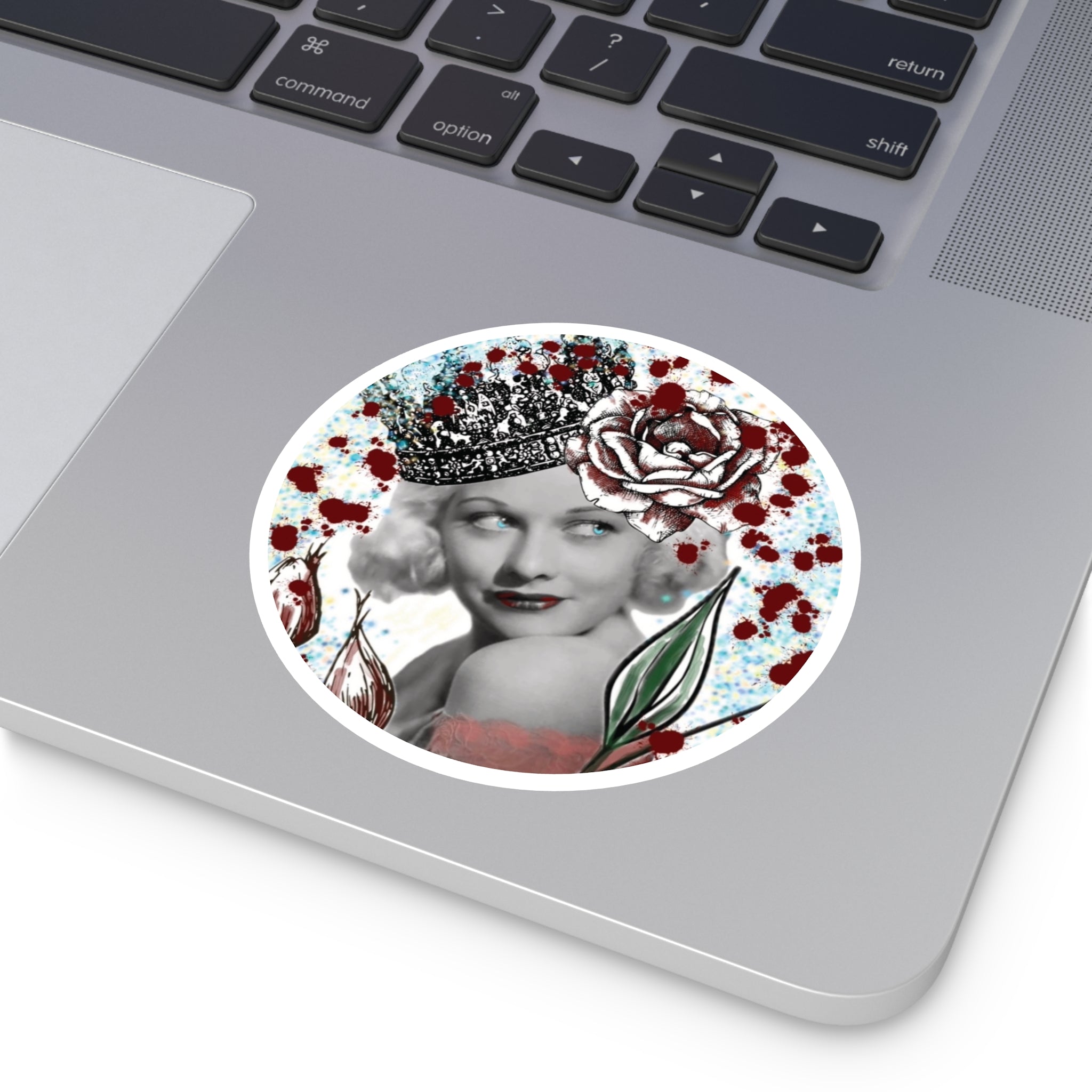 Vintage Glam Round Sticker — Retro Hollywood Actress with Crown & Roses (Indoor/Outdoor)