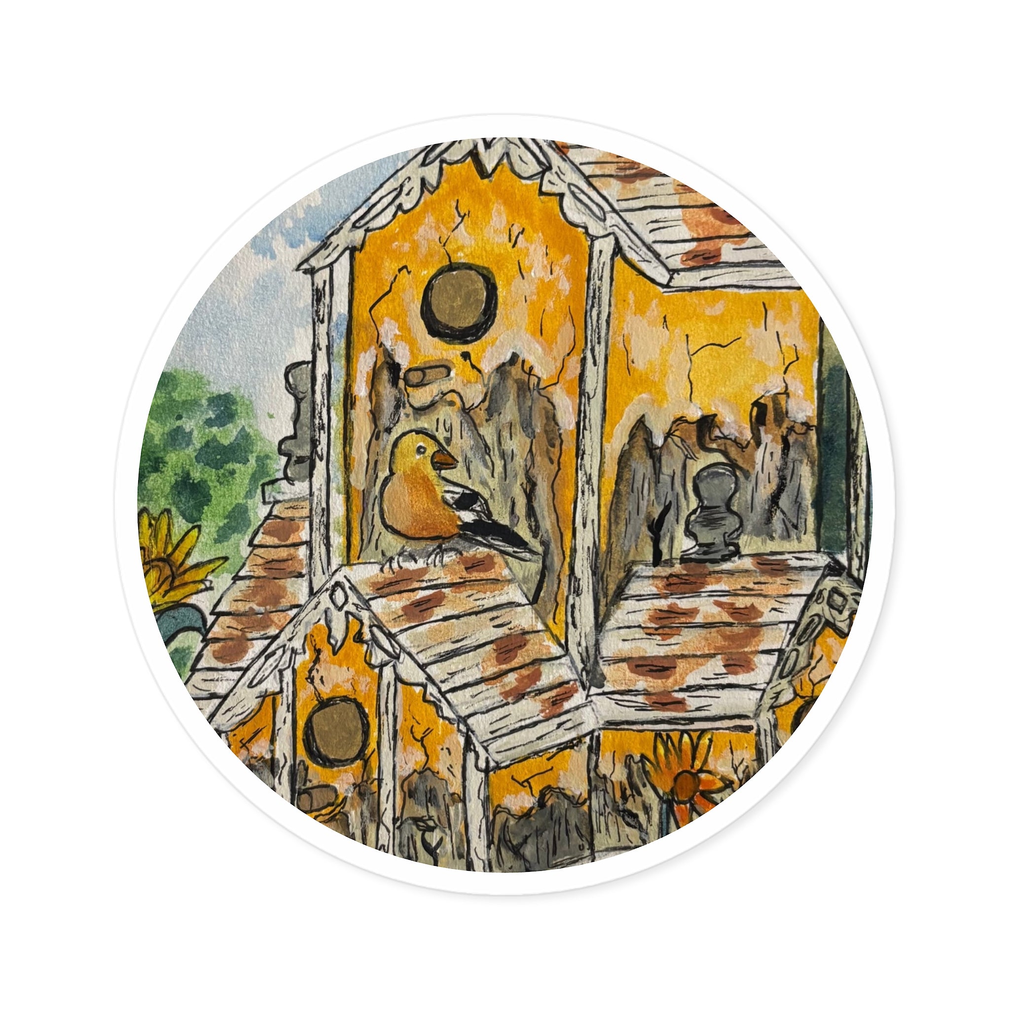 Birdhouse Garden Round Sticker — Waterproof Indoor/Outdoor Decorative Decal