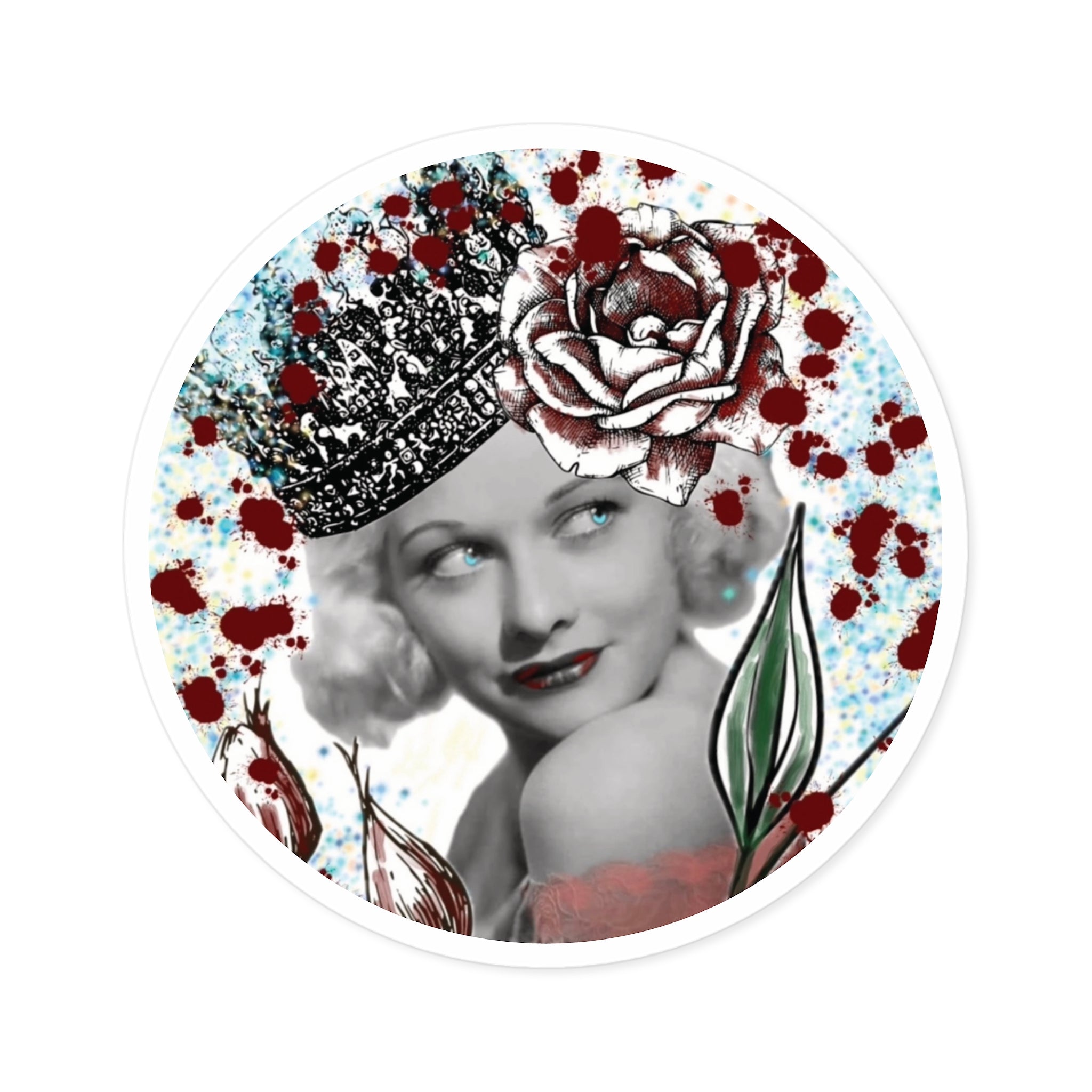 Vintage Glam Round Sticker — Retro Hollywood Actress with Crown & Roses (Indoor/Outdoor)