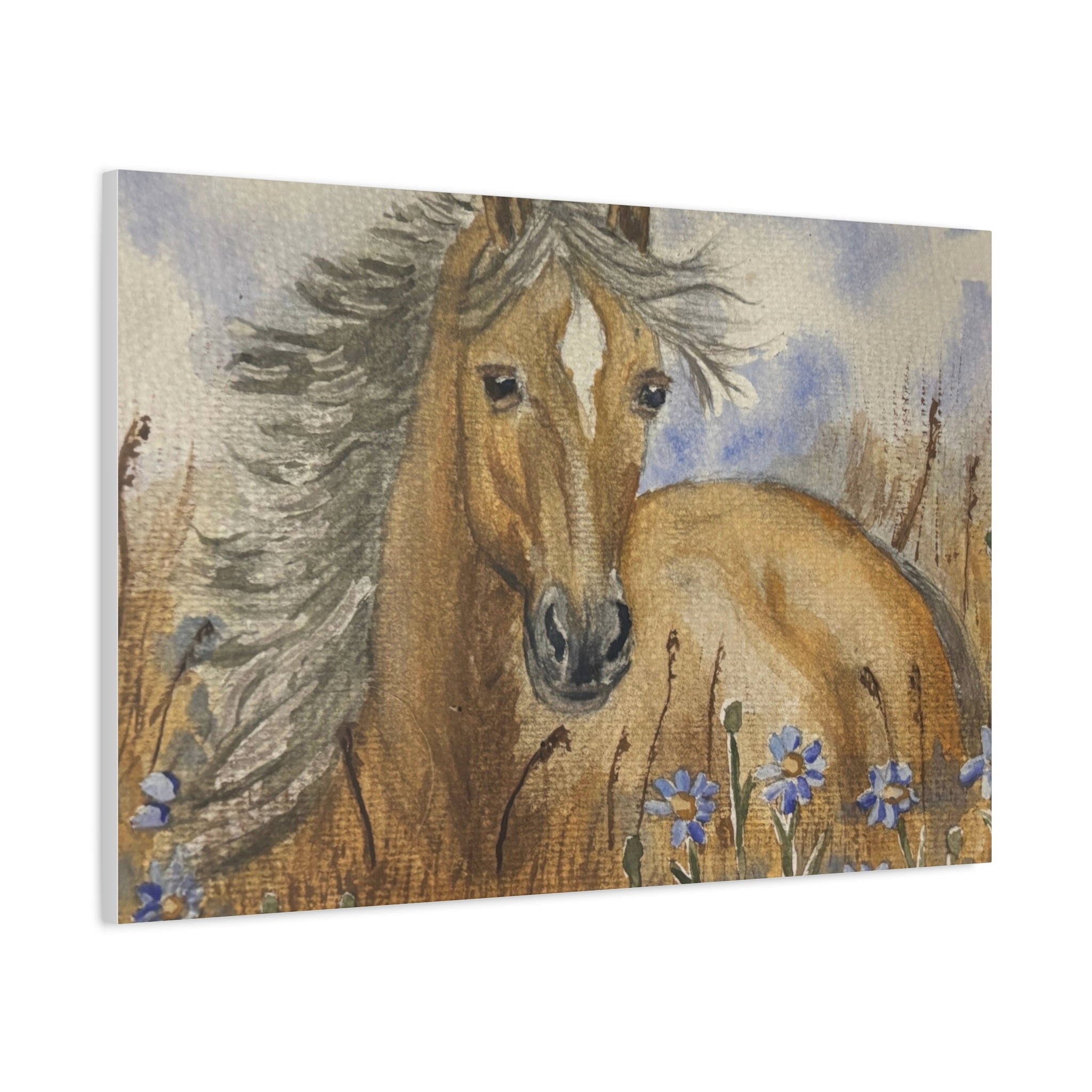 Golden Horse Canvas Print – Watercolor Mustang in Wildflower Meadow (Stretched Matte Canvas)