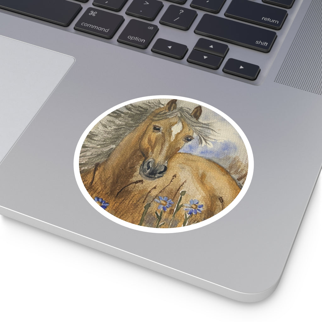 Brown Horse Round Sticker — Watercolor Wild Pony Floral Laptop Decal (Indoor/Outdoor)