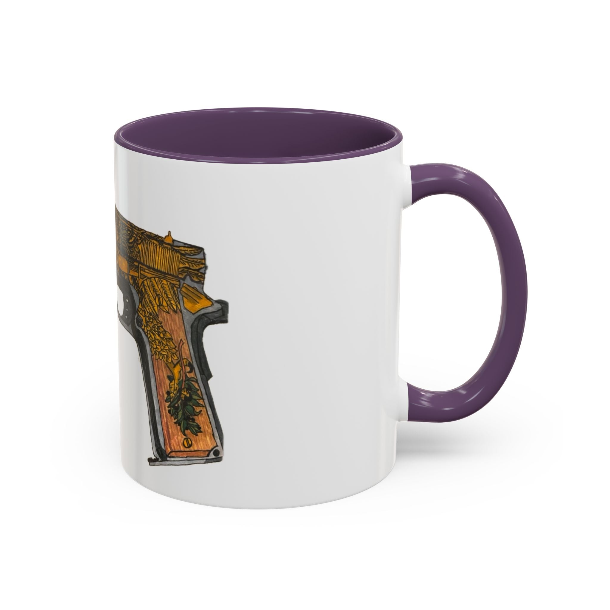 Gold Ornate Pistol Accent Coffee Mug — Decorative Handgun Design (11/15 oz)