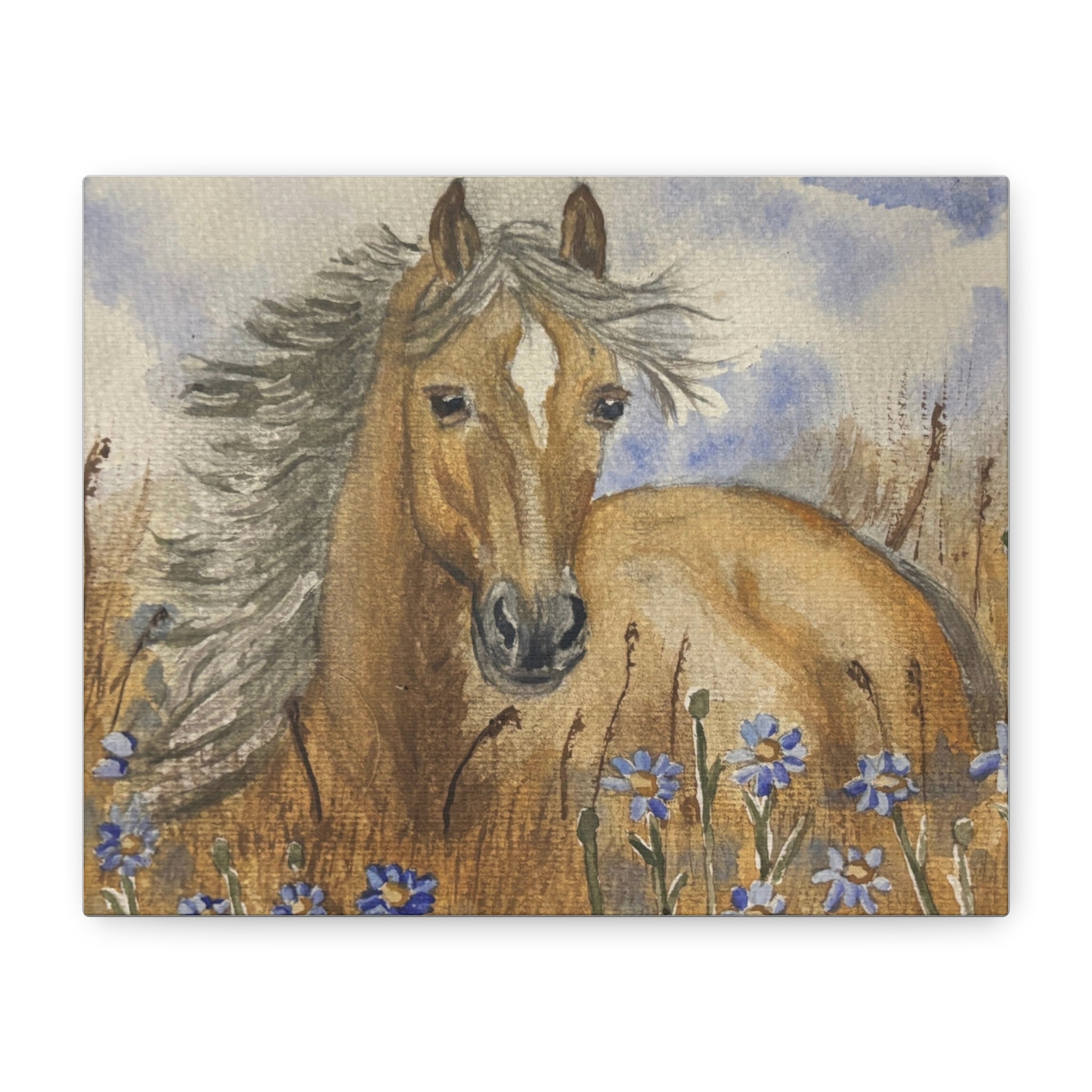 Golden Horse Canvas Print – Watercolor Mustang in Wildflower Meadow (Stretched Matte Canvas)