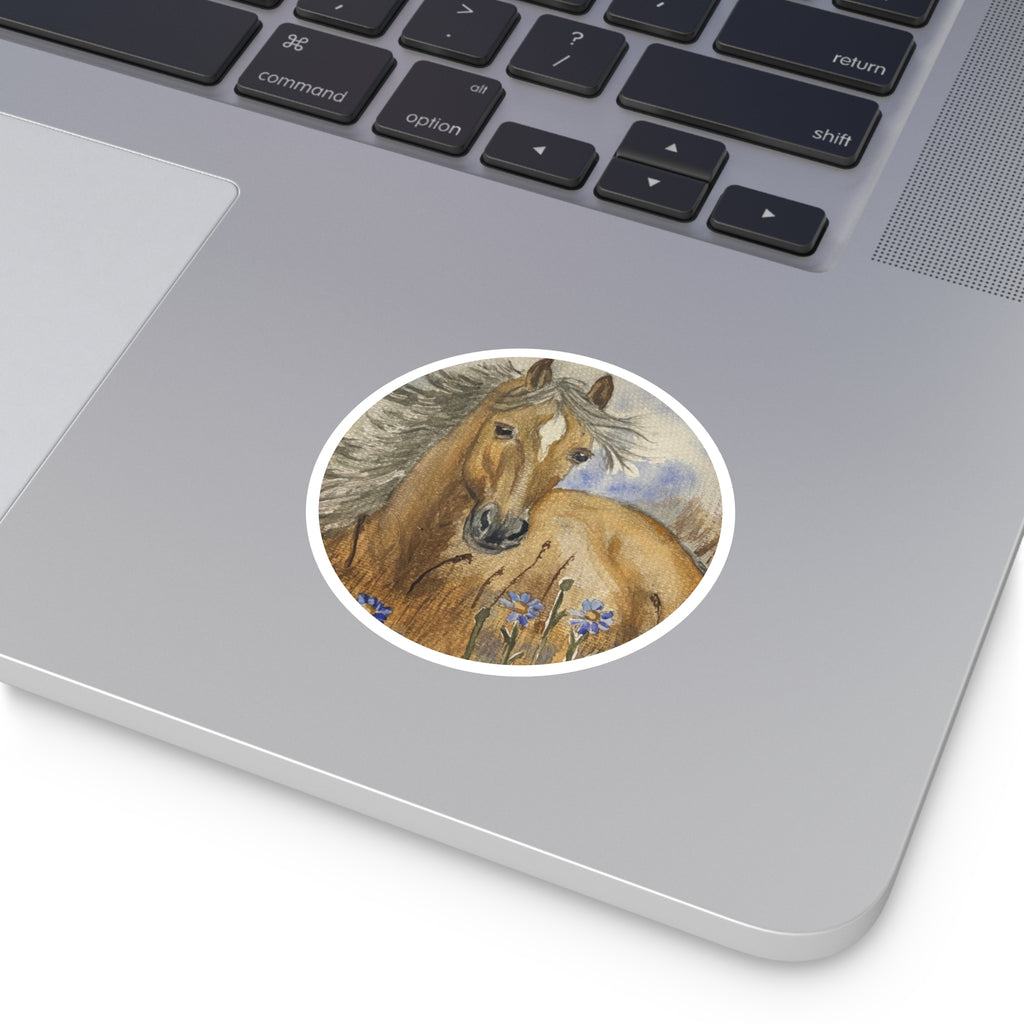 Brown Horse Round Sticker — Watercolor Wild Pony Floral Laptop Decal (Indoor/Outdoor)