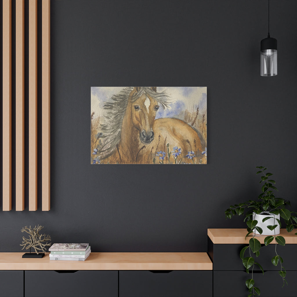 Golden Horse Canvas Print – Watercolor Mustang in Wildflower Meadow (Stretched Matte Canvas)