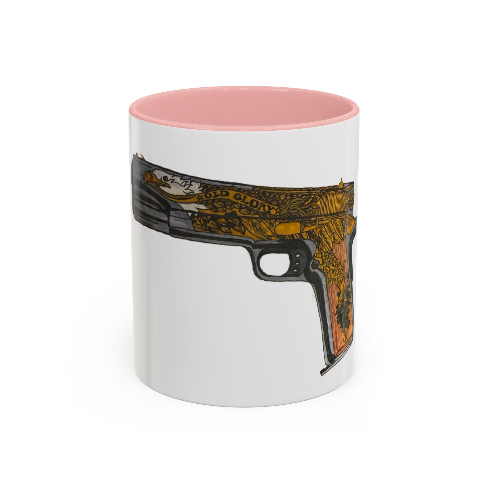 Gold Ornate Pistol Accent Coffee Mug — Decorative Handgun Design (11/15 oz)