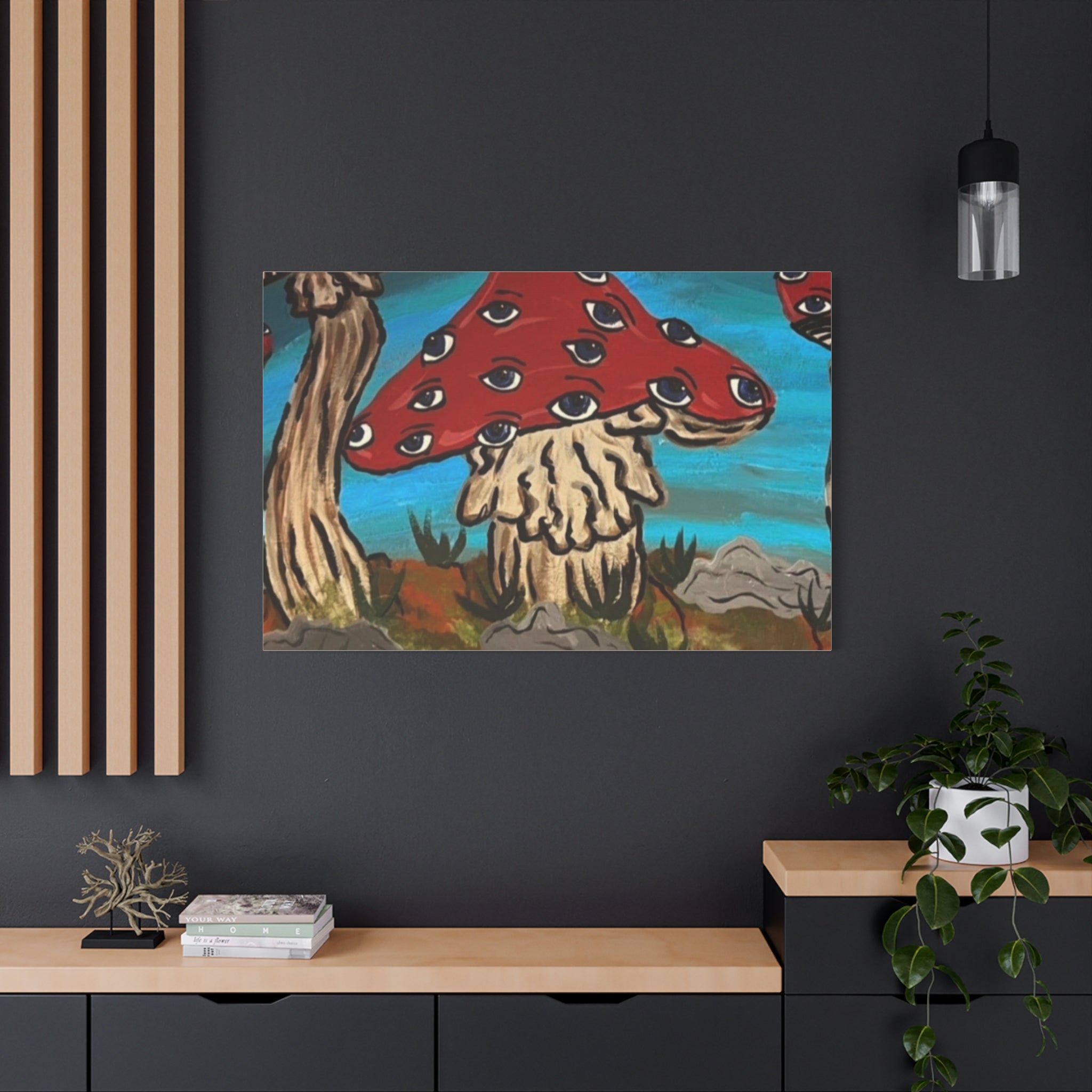 Surreal Red Mushroom Canvas Print — Psychedelic Eye Toadstool Wall Art