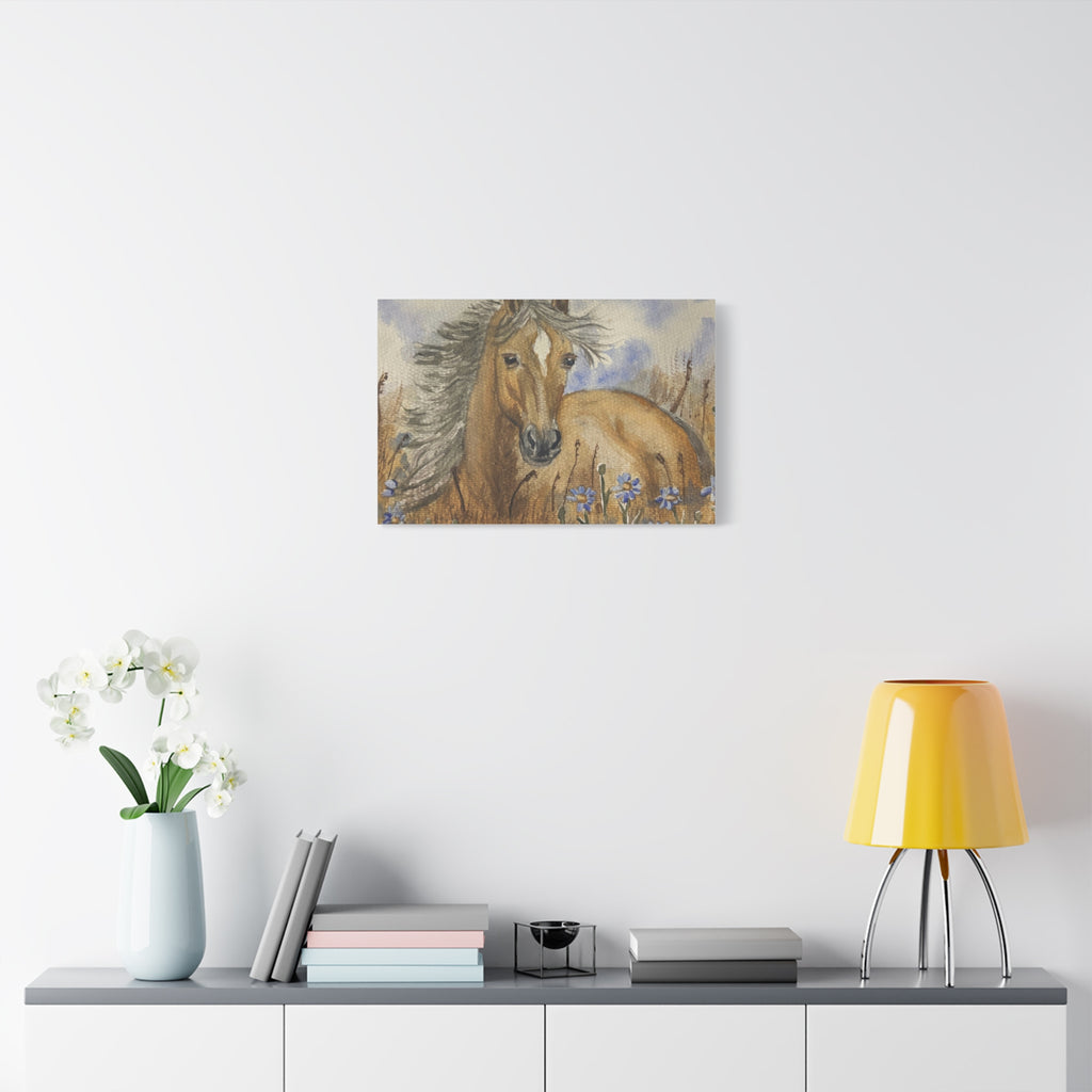 Golden Horse Canvas Print – Watercolor Mustang in Wildflower Meadow (Stretched Matte Canvas)