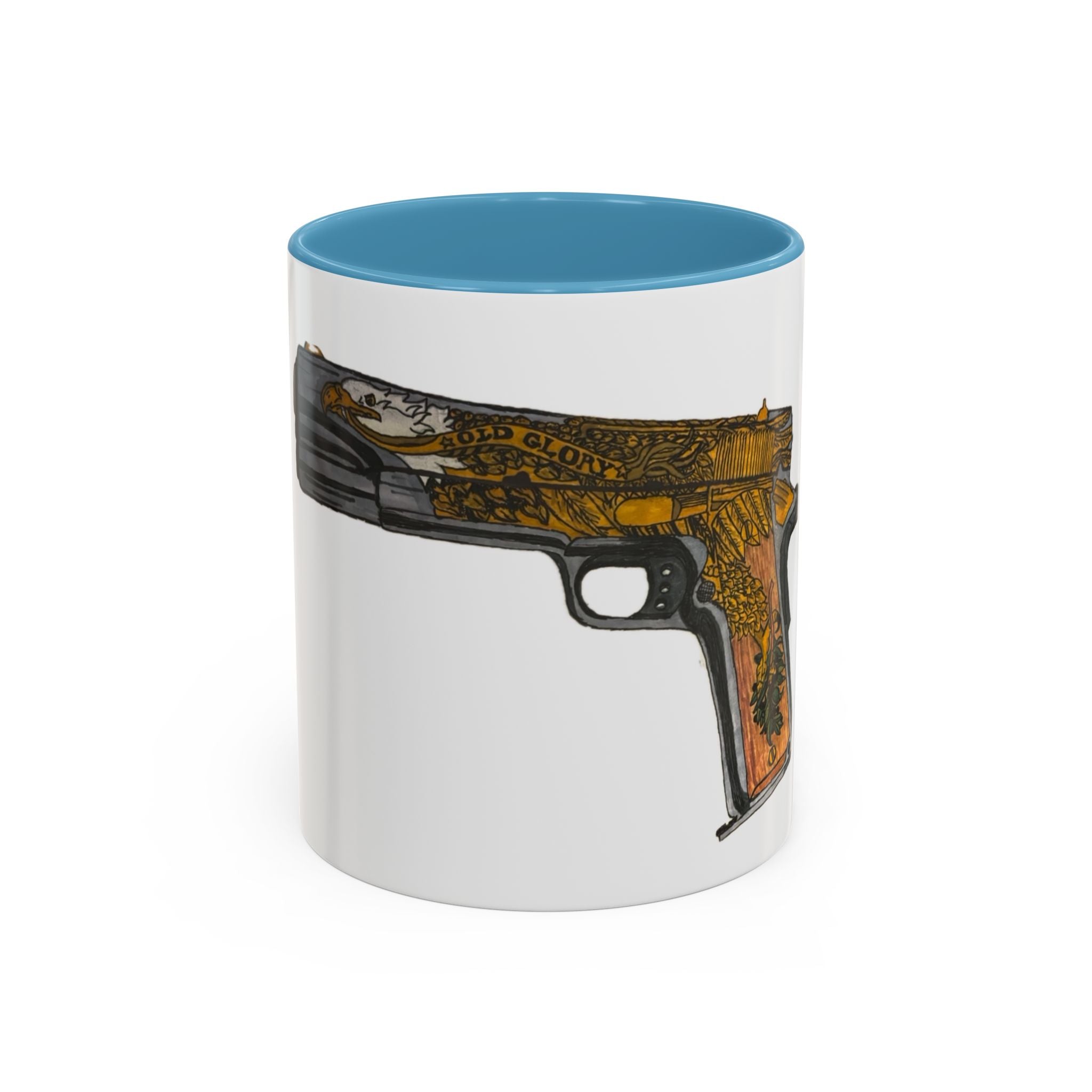 Gold Ornate Pistol Accent Coffee Mug — Decorative Handgun Design (11/15 oz)