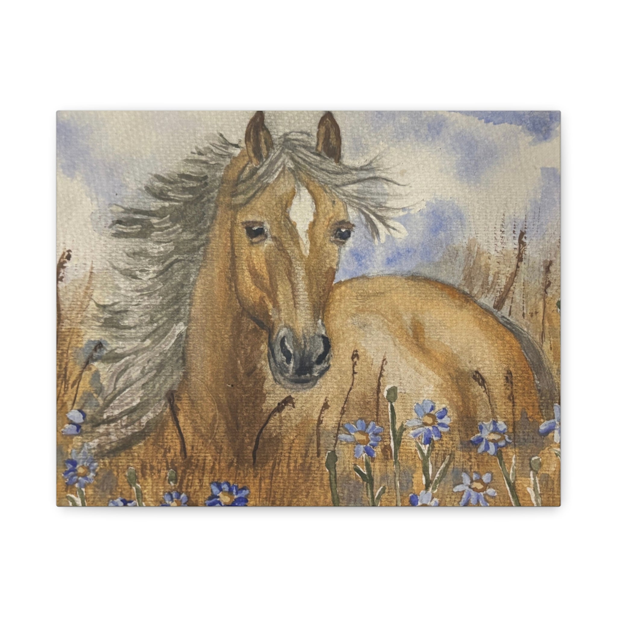 Golden Horse Canvas Print – Watercolor Mustang in Wildflower Meadow (Stretched Matte Canvas)