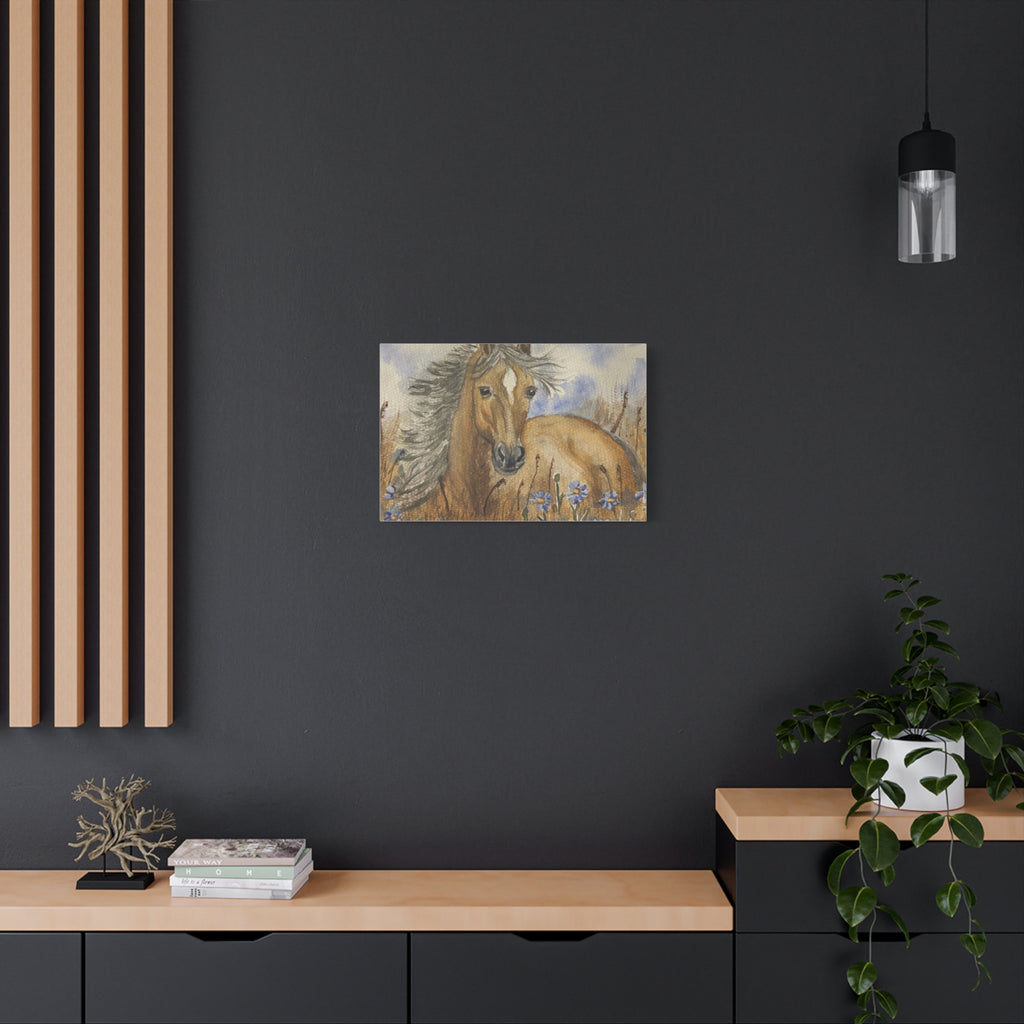 Golden Horse Canvas Print – Watercolor Mustang in Wildflower Meadow (Stretched Matte Canvas)