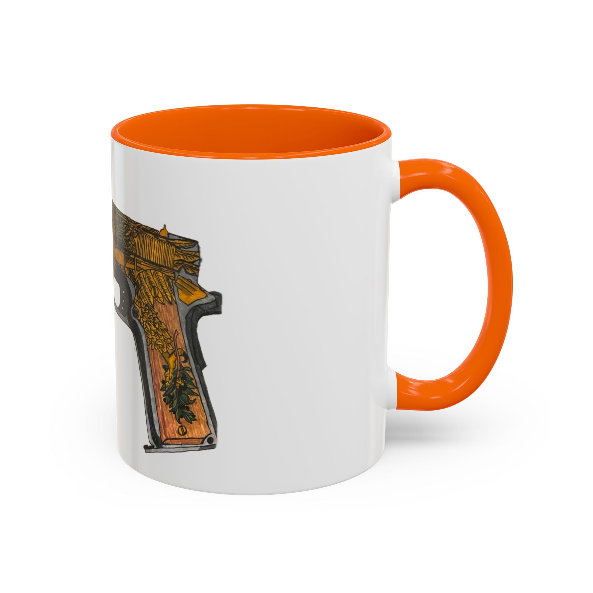 Gold Ornate Pistol Accent Coffee Mug — Decorative Handgun Design (11/15 oz)