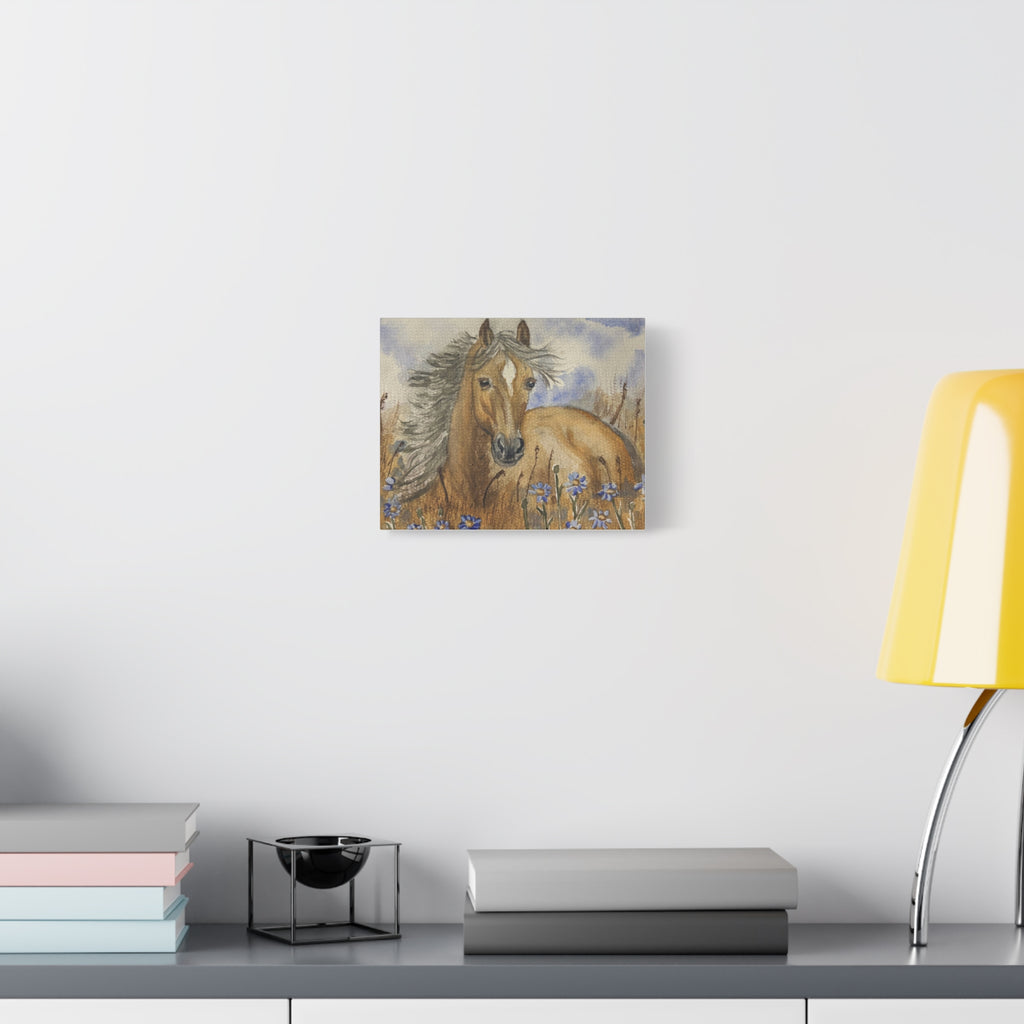 Golden Horse Canvas Print – Watercolor Mustang in Wildflower Meadow (Stretched Matte Canvas)