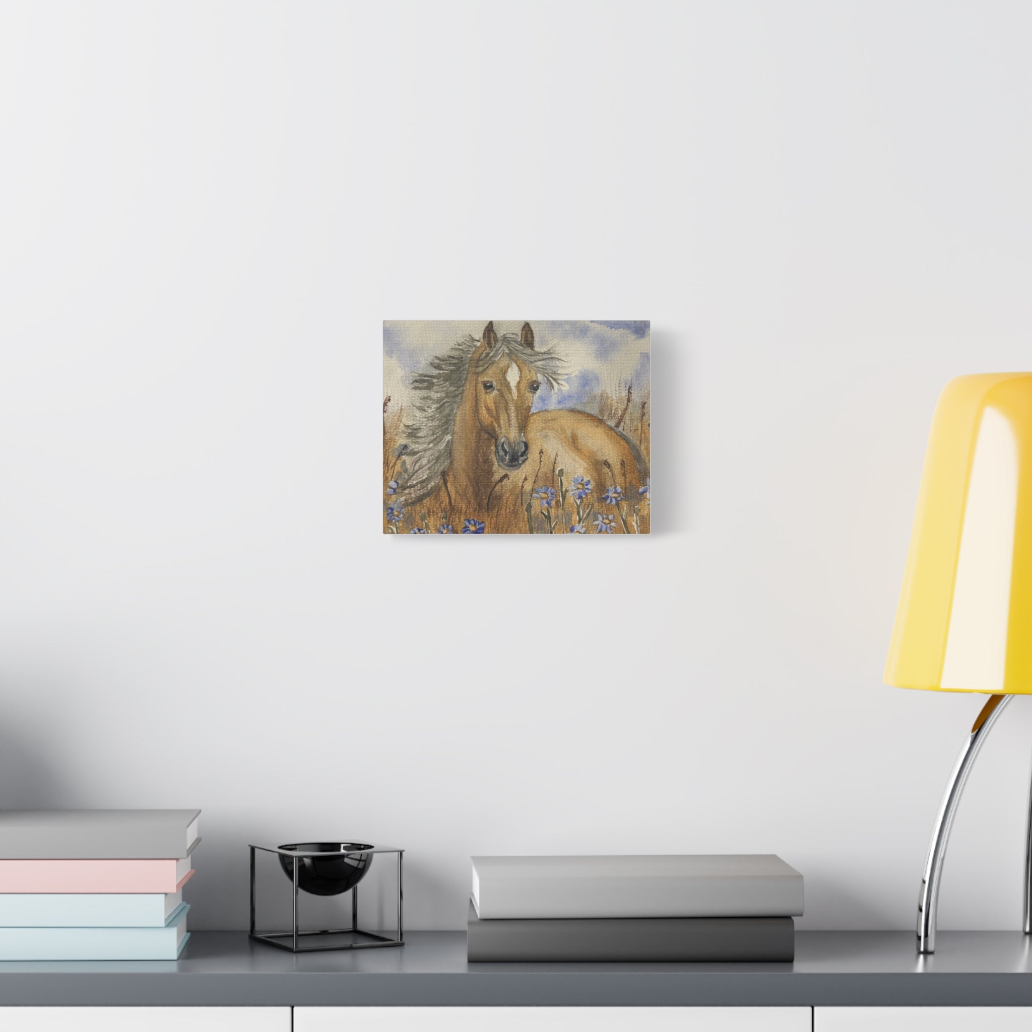 Golden Horse Canvas Print – Watercolor Mustang in Wildflower Meadow (Stretched Matte Canvas)