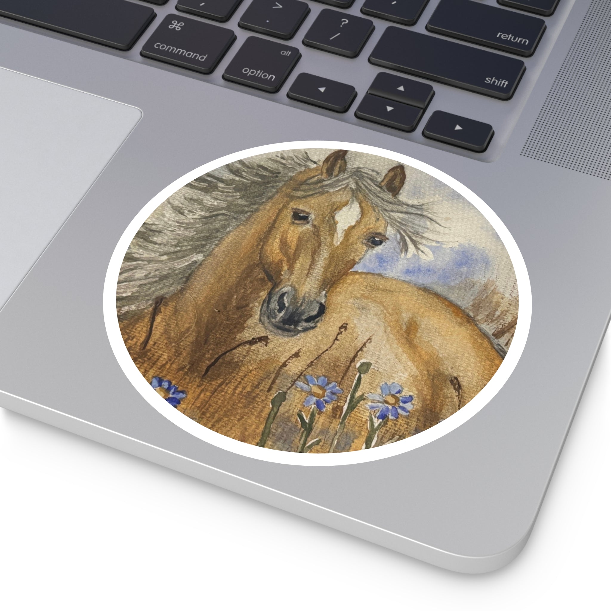 Brown Horse Round Sticker — Watercolor Wild Pony Floral Laptop Decal (Indoor/Outdoor)