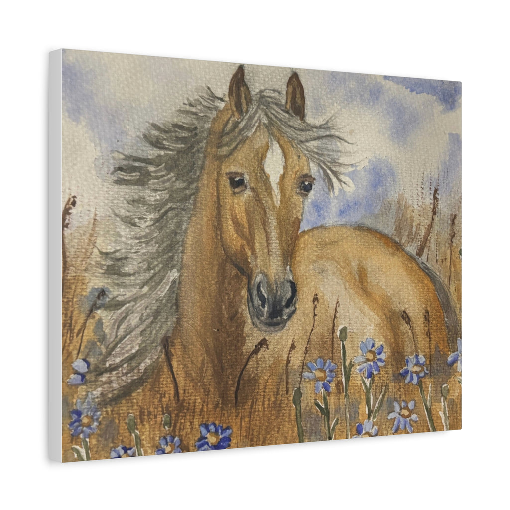 Golden Horse Canvas Print – Watercolor Mustang in Wildflower Meadow (Stretched Matte Canvas)