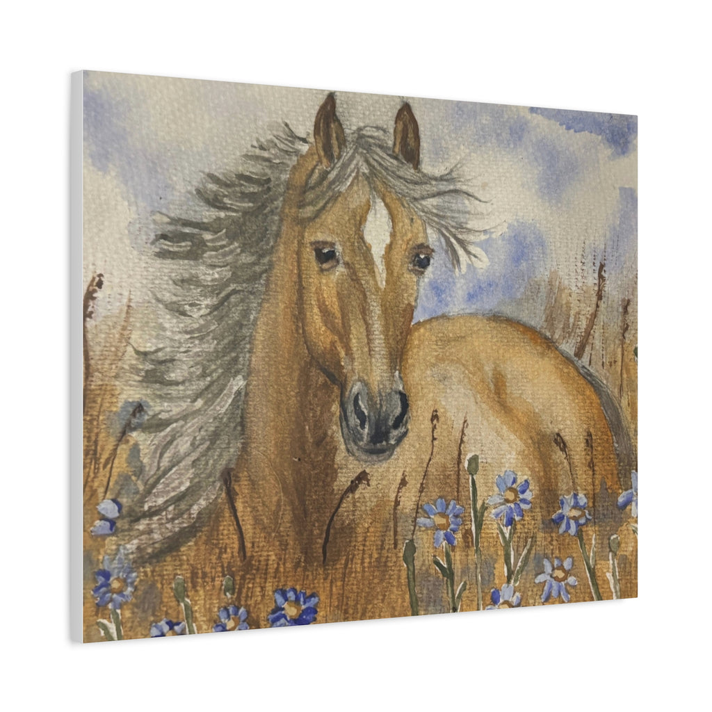 Golden Horse Canvas Print – Watercolor Mustang in Wildflower Meadow (Stretched Matte Canvas)