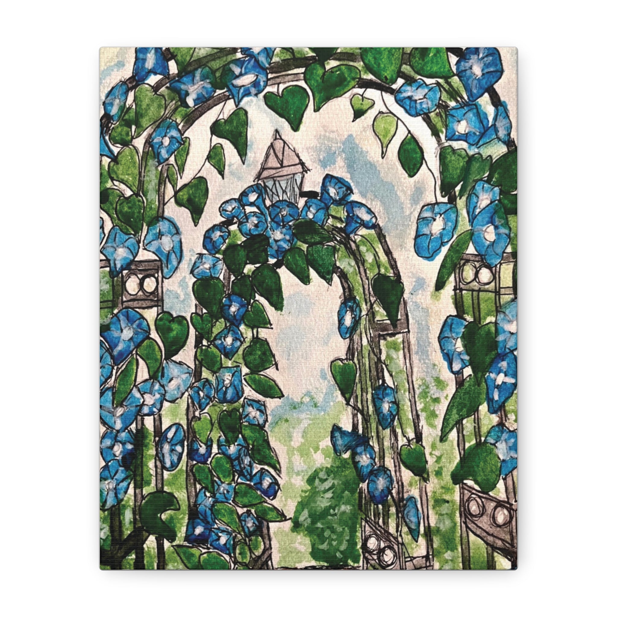 Blue Morning Glory Garden Canvas Art - Matte Stretched Wall Decor