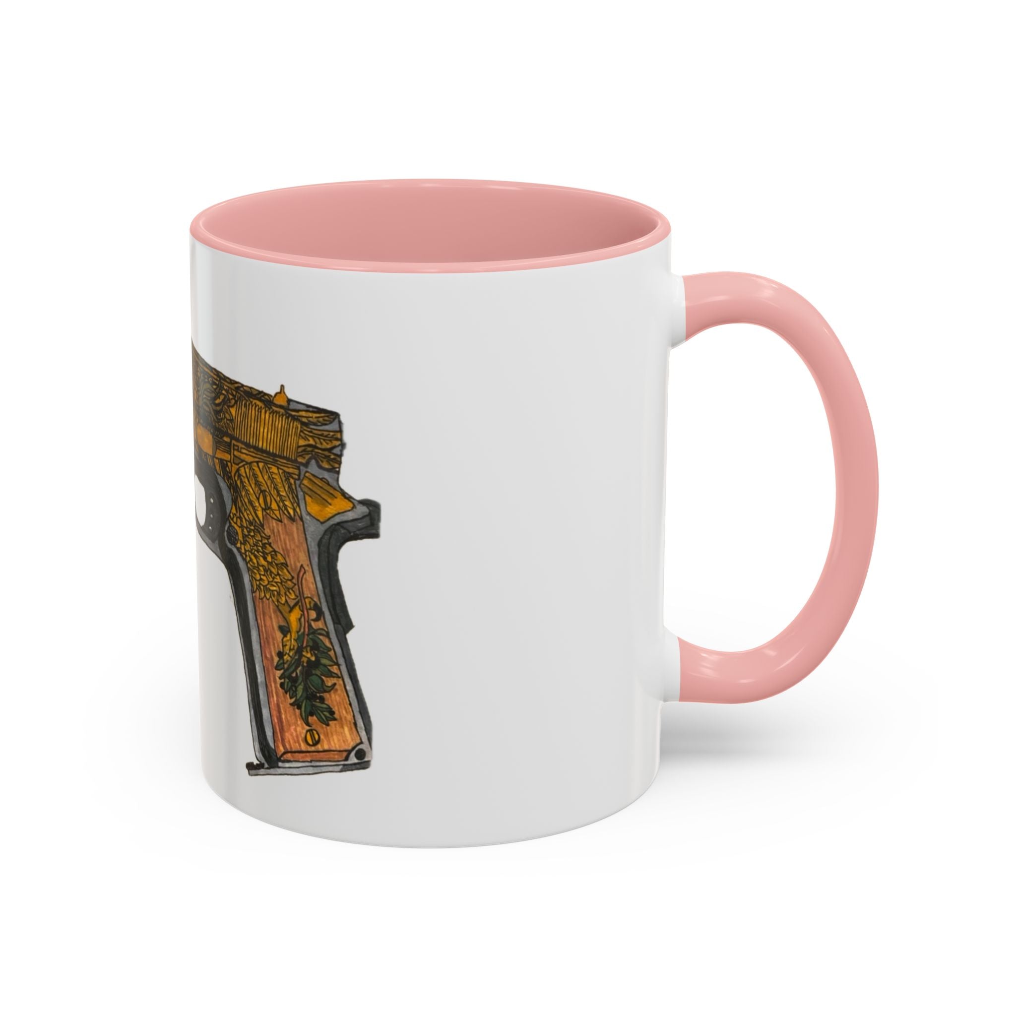 Gold Ornate Pistol Accent Coffee Mug — Decorative Handgun Design (11/15 oz)