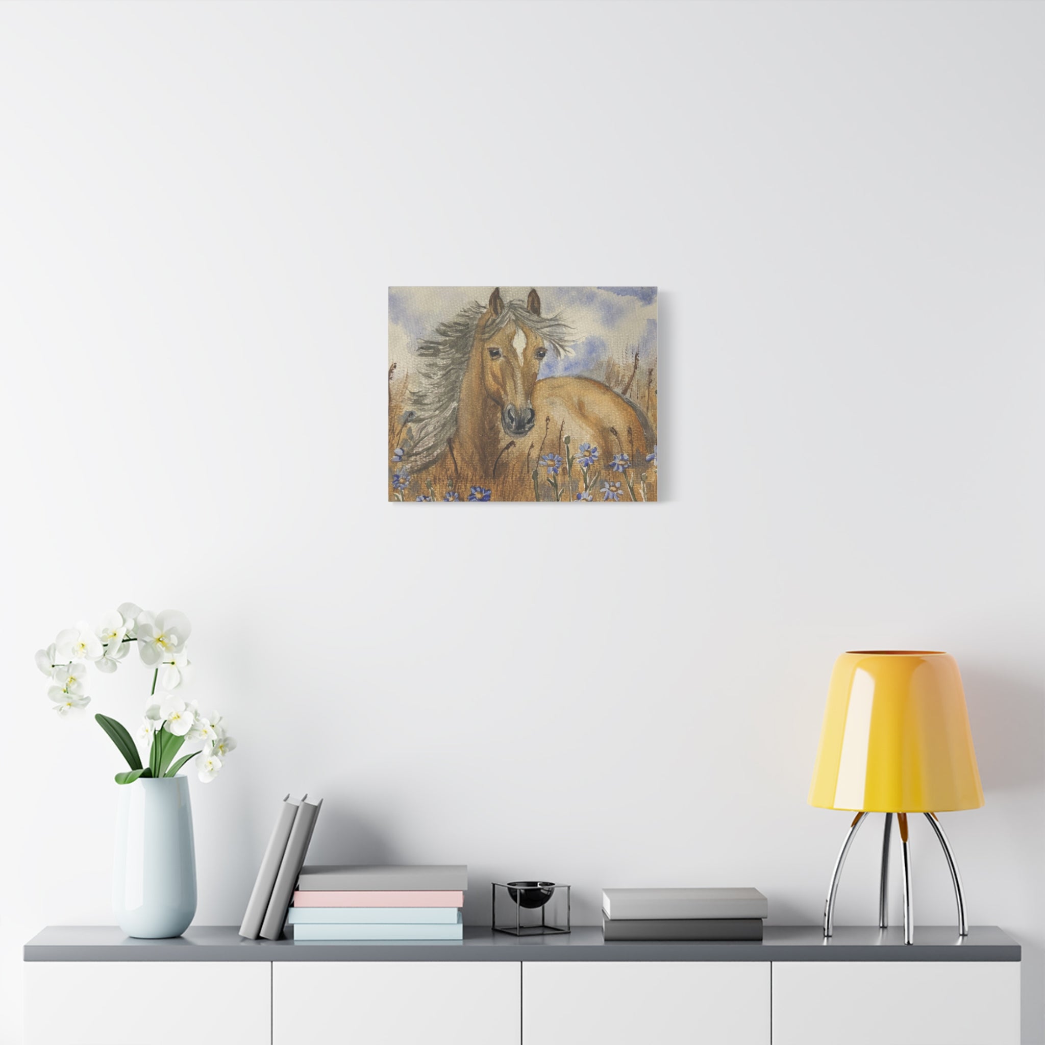 Golden Horse Canvas Print – Watercolor Mustang in Wildflower Meadow (Stretched Matte Canvas)