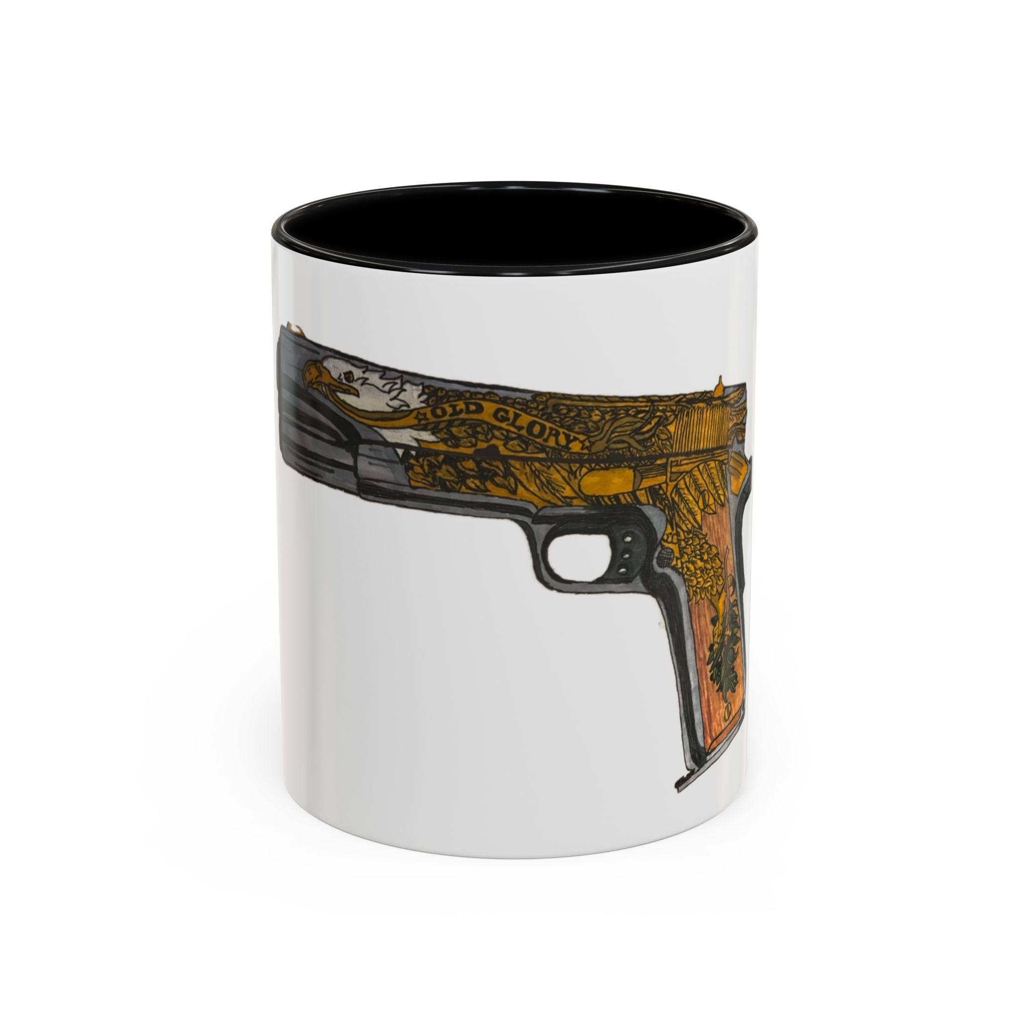 Gold Ornate Pistol Accent Coffee Mug — Decorative Handgun Design (11/15 oz)