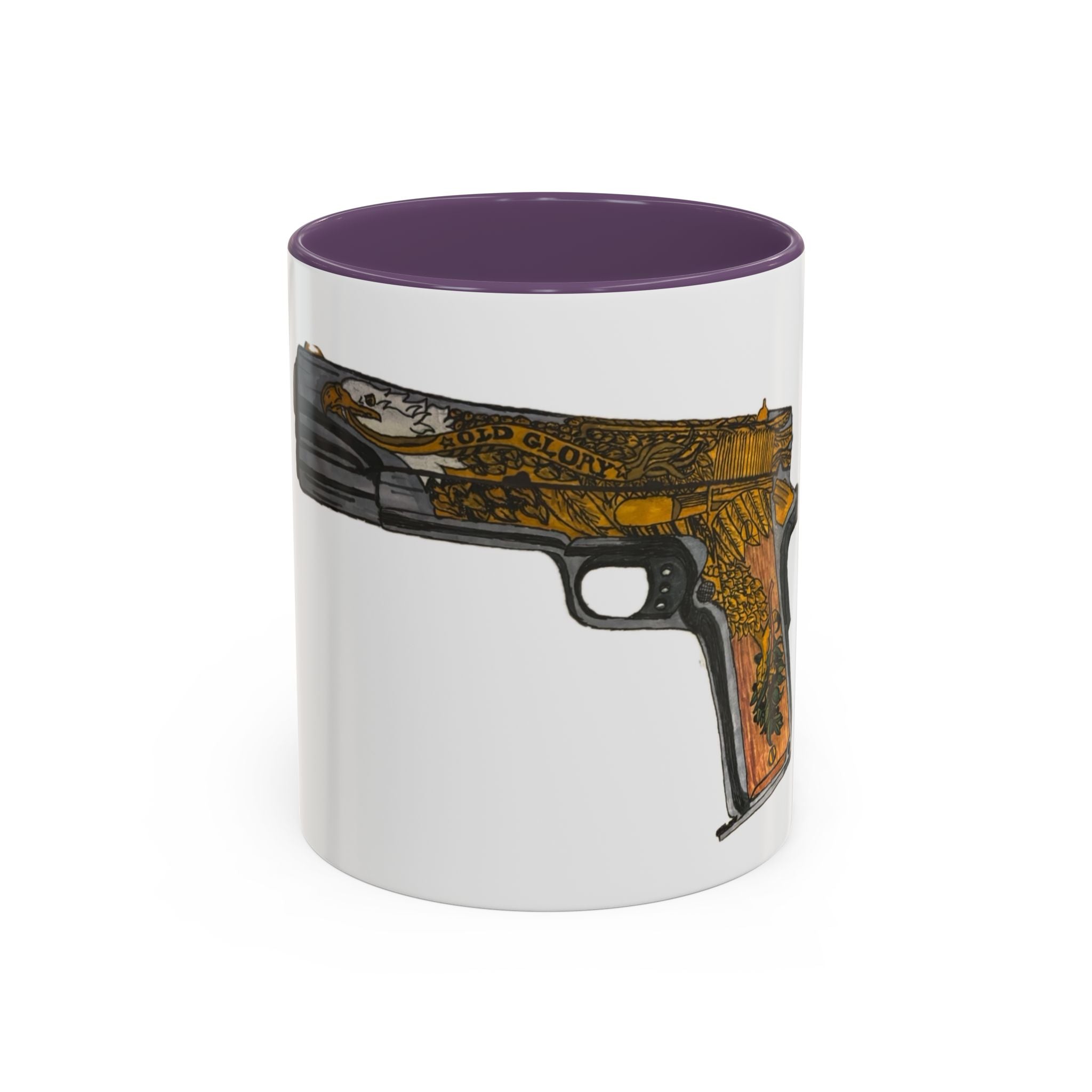 Gold Ornate Pistol Accent Coffee Mug — Decorative Handgun Design (11/15 oz)