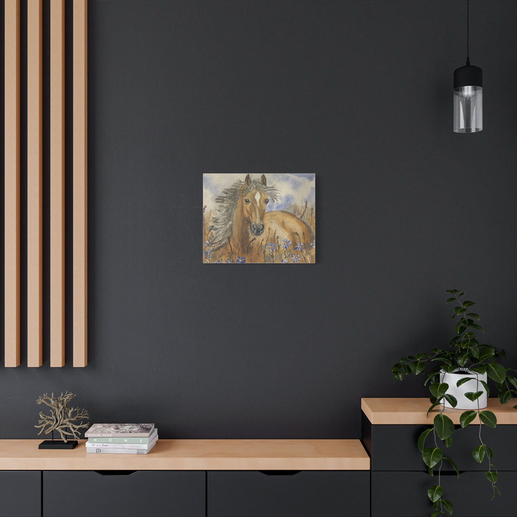 Golden Horse Canvas Print – Watercolor Mustang in Wildflower Meadow (Stretched Matte Canvas)