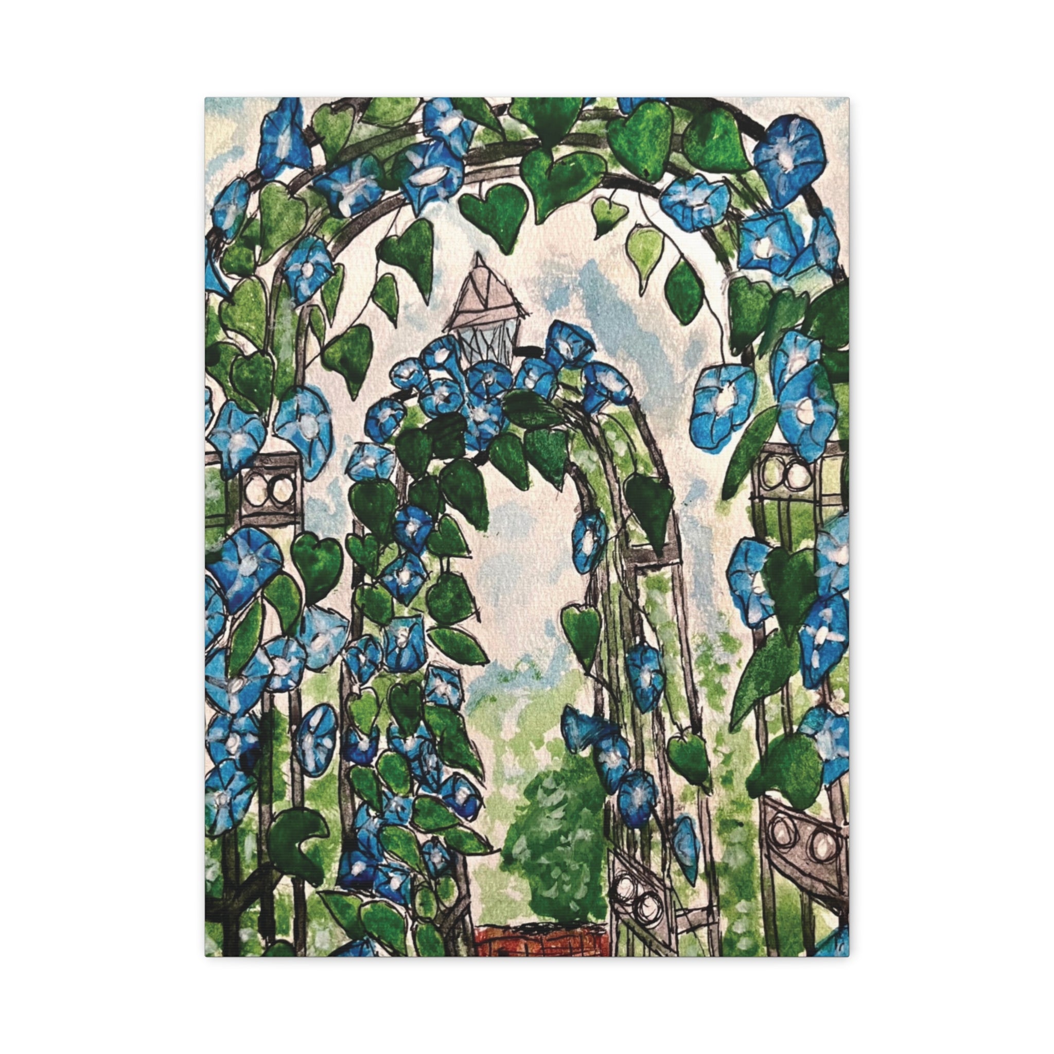 Blue Morning Glory Garden Canvas Art - Matte Stretched Wall Decor