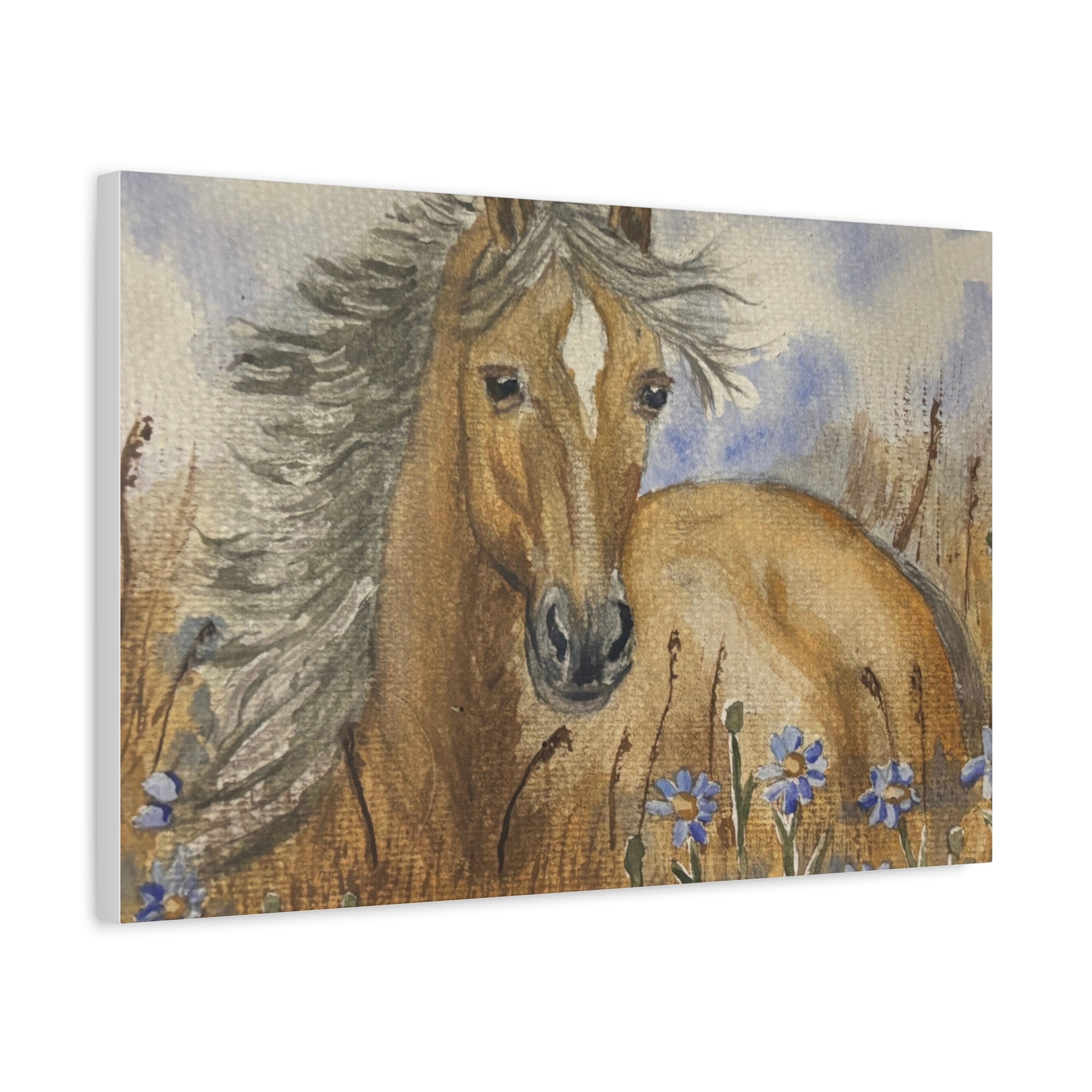 Golden Horse Canvas Print – Watercolor Mustang in Wildflower Meadow (Stretched Matte Canvas)