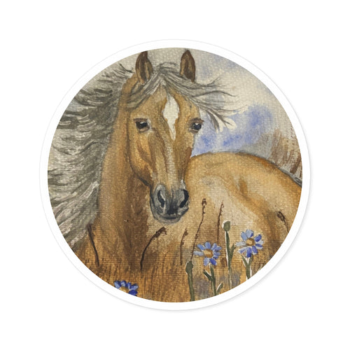 Brown Horse Round Sticker — Watercolor Wild Pony Floral Laptop Decal (Indoor/Outdoor)