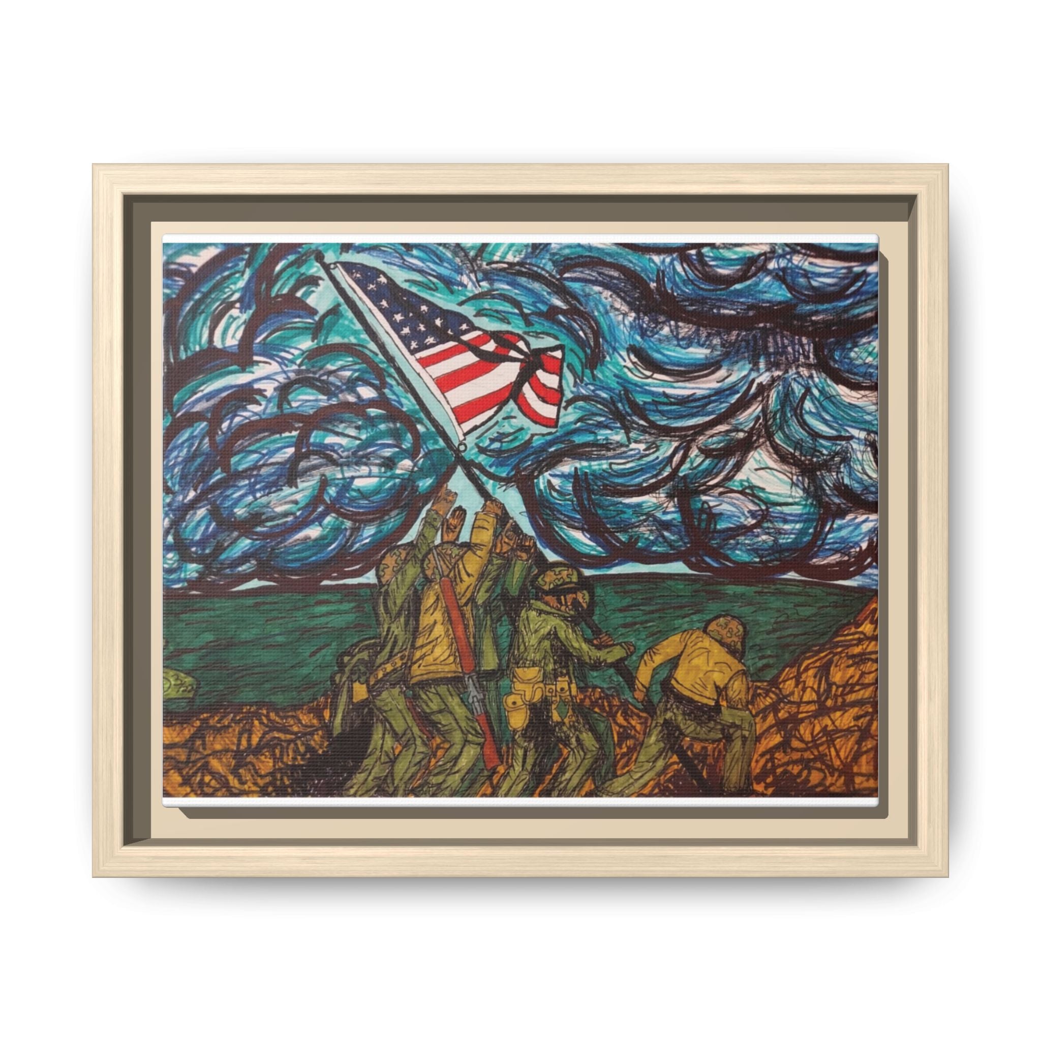 Framed Matte Canvas - Iwo Jima Flag Raising Art Print