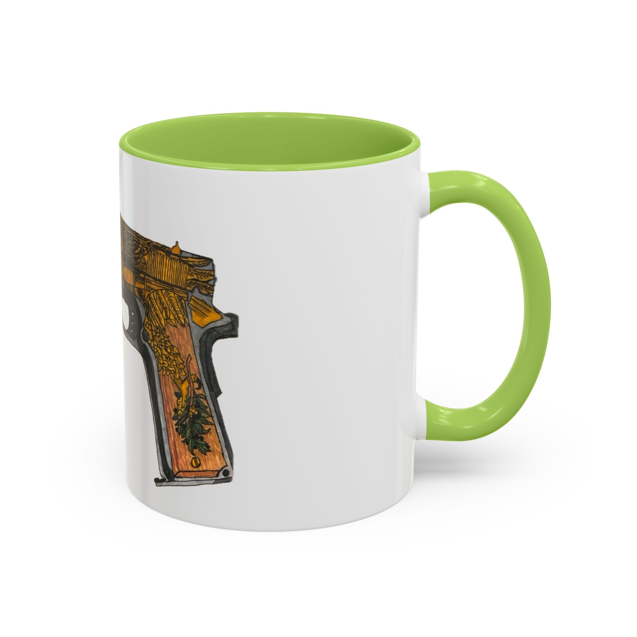 Gold Ornate Pistol Accent Coffee Mug — Decorative Handgun Design (11/15 oz)