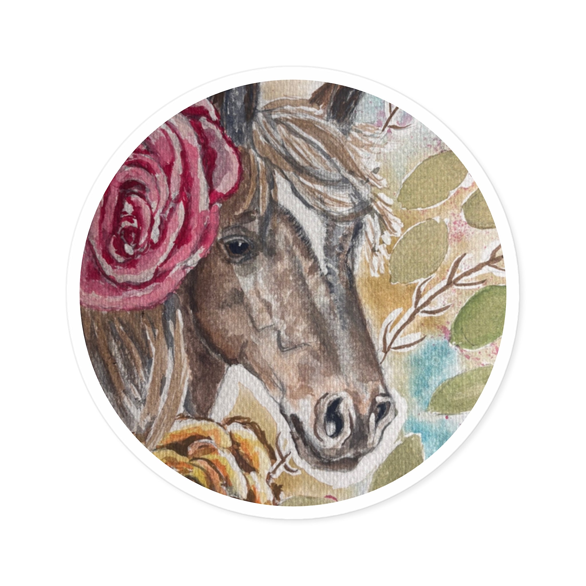 Floral Horse Round Sticker — Watercolor Horse Head Laptop Decal (Indoor/Outdoor)