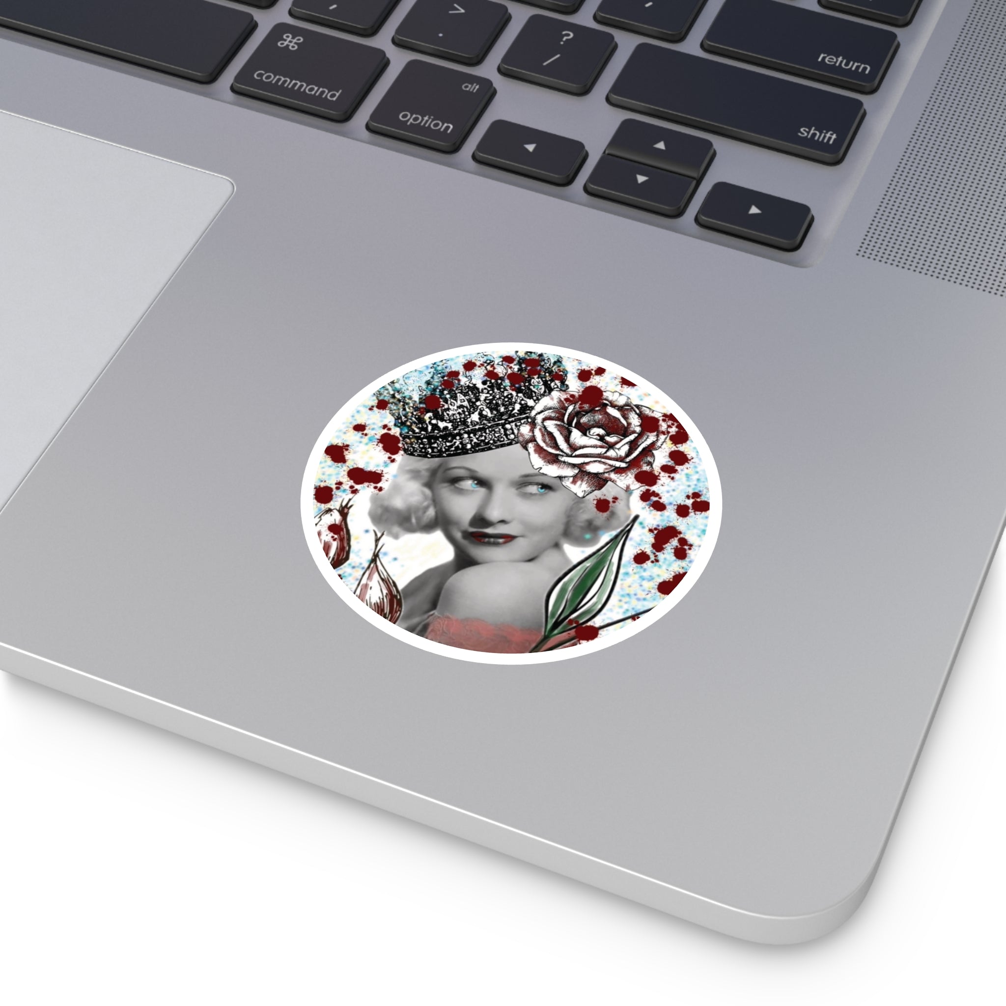 Vintage Glam Round Sticker — Retro Hollywood Actress with Crown & Roses (Indoor/Outdoor)